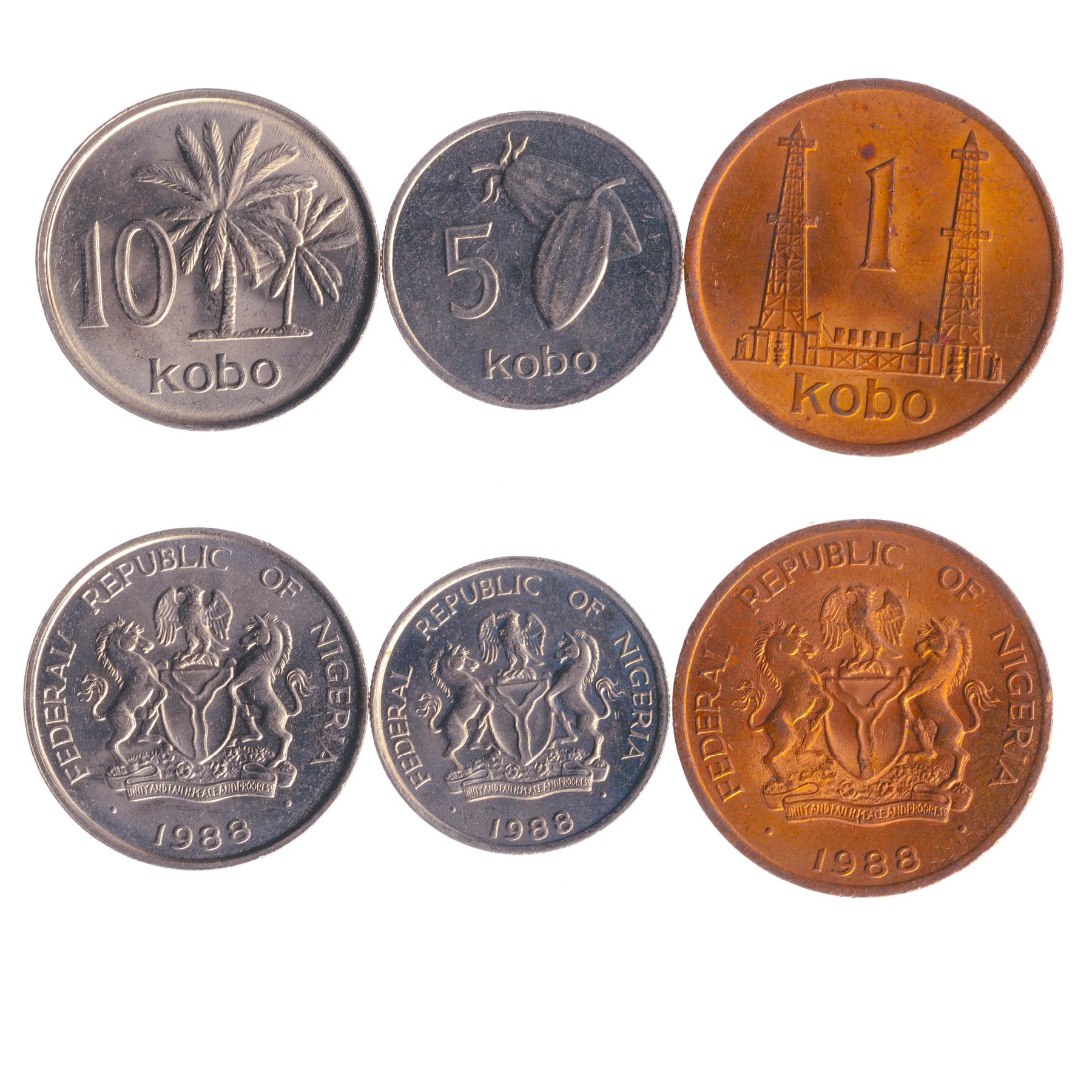 Set 5 Coins Nigeria 1/2 1 5 10 25 Kobo 1973 - 1990
