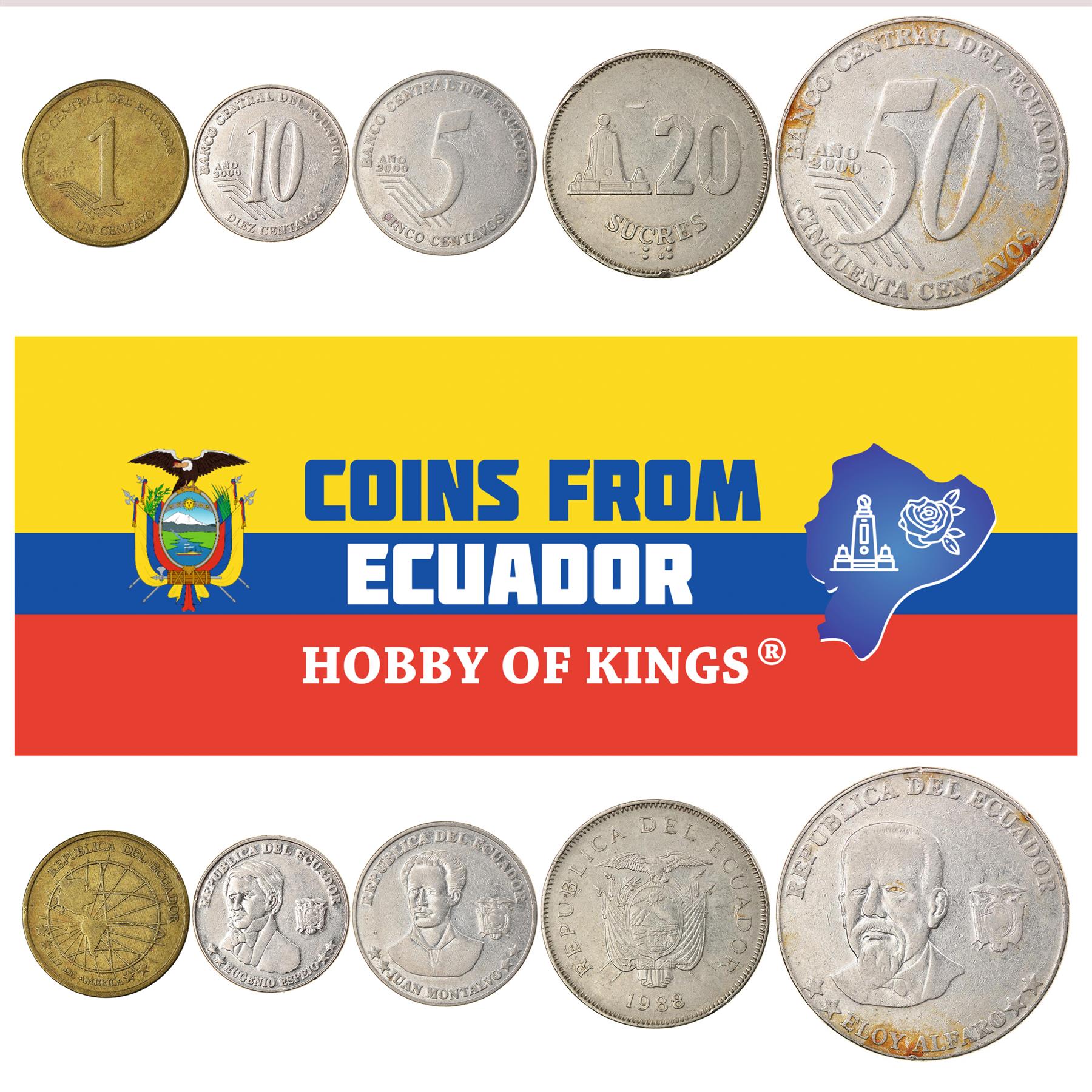 5 Mixed Coins From Ecuador | Centavos - Sucres | Since 1988