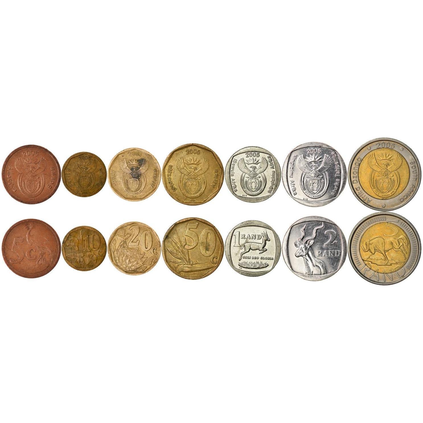 South Africa 7 Coin Set 5 10 20 50 Cents 1 2 5 Rands 2005