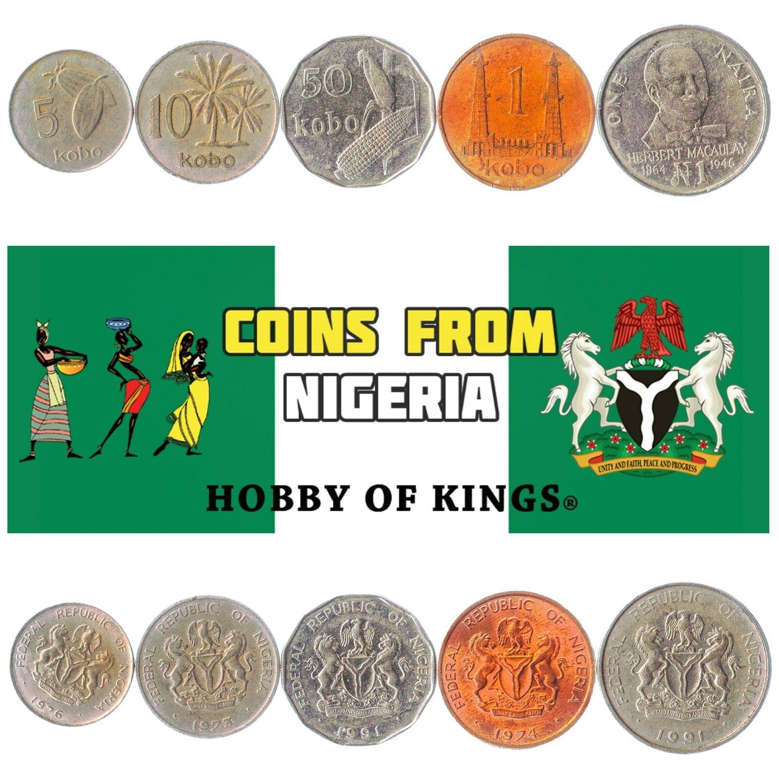 5 Different Coins - Nigeria Old African Nigerian Currency Kobo Naira 1973-2006