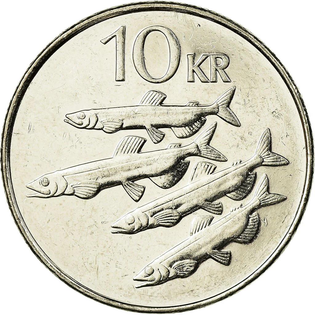 Icelander 10 Kronur Coin | Bull Grioungur | Eagle Gammur | Dragon Dreki | Giant Bergrisi | Capelin Fish | Iceland | KM29.1a | 1996 - 2008