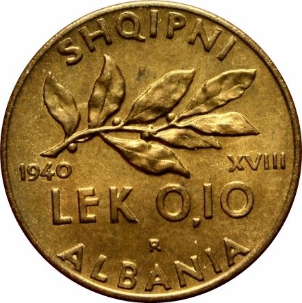 Albanian 0.10 Lek Coin | Vittorio Emanuele III | Oak | Acorn | KM28 | 1940 - 1941
