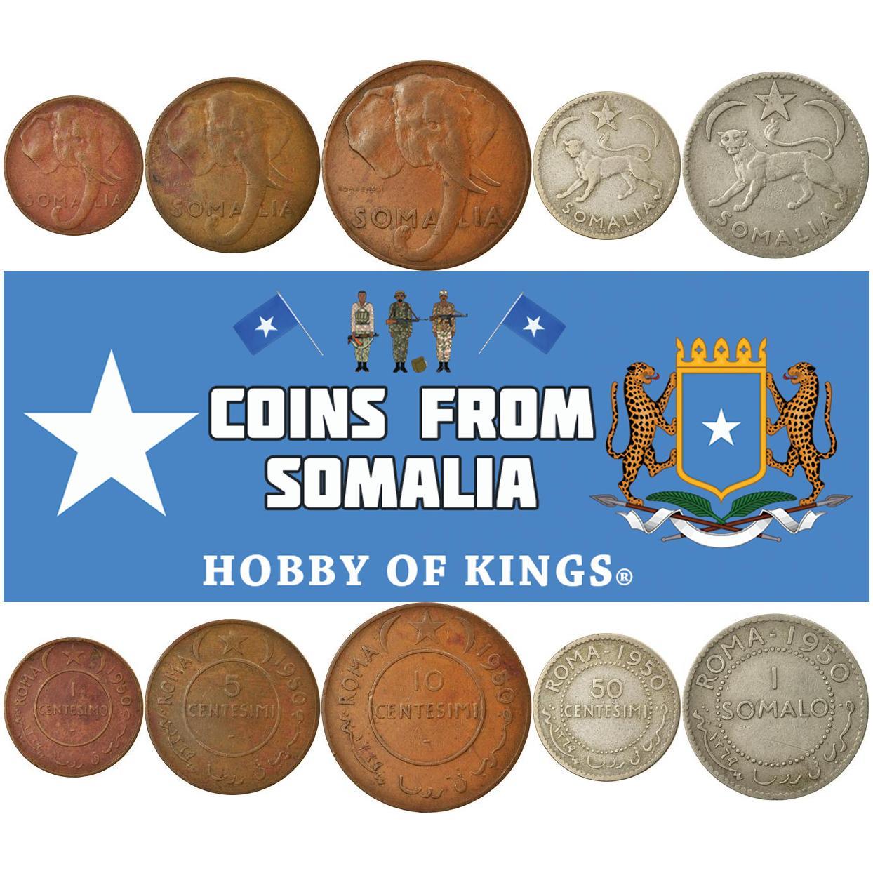 Somalia | 5 Coin Set | 1 5 10 50 Centesimo 1 Somalo | 1950