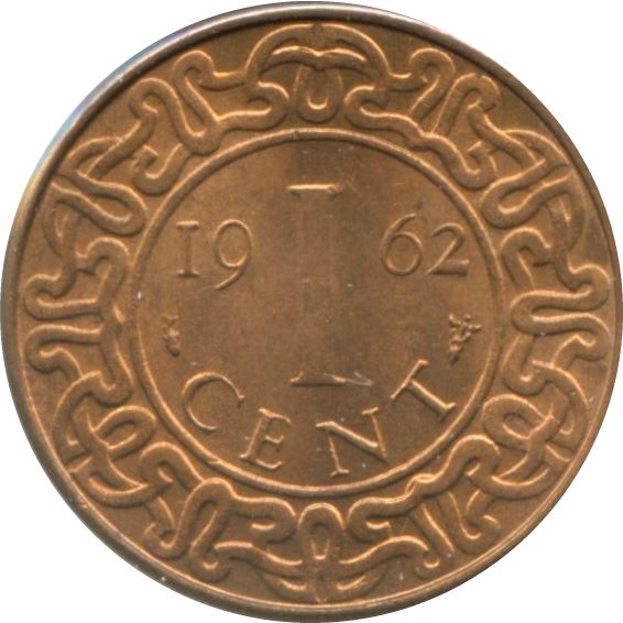 Suriname | 1 Cent Coin | Red Palulu Flower | Wreath | Natives | Km:11 | 1962 - 1972