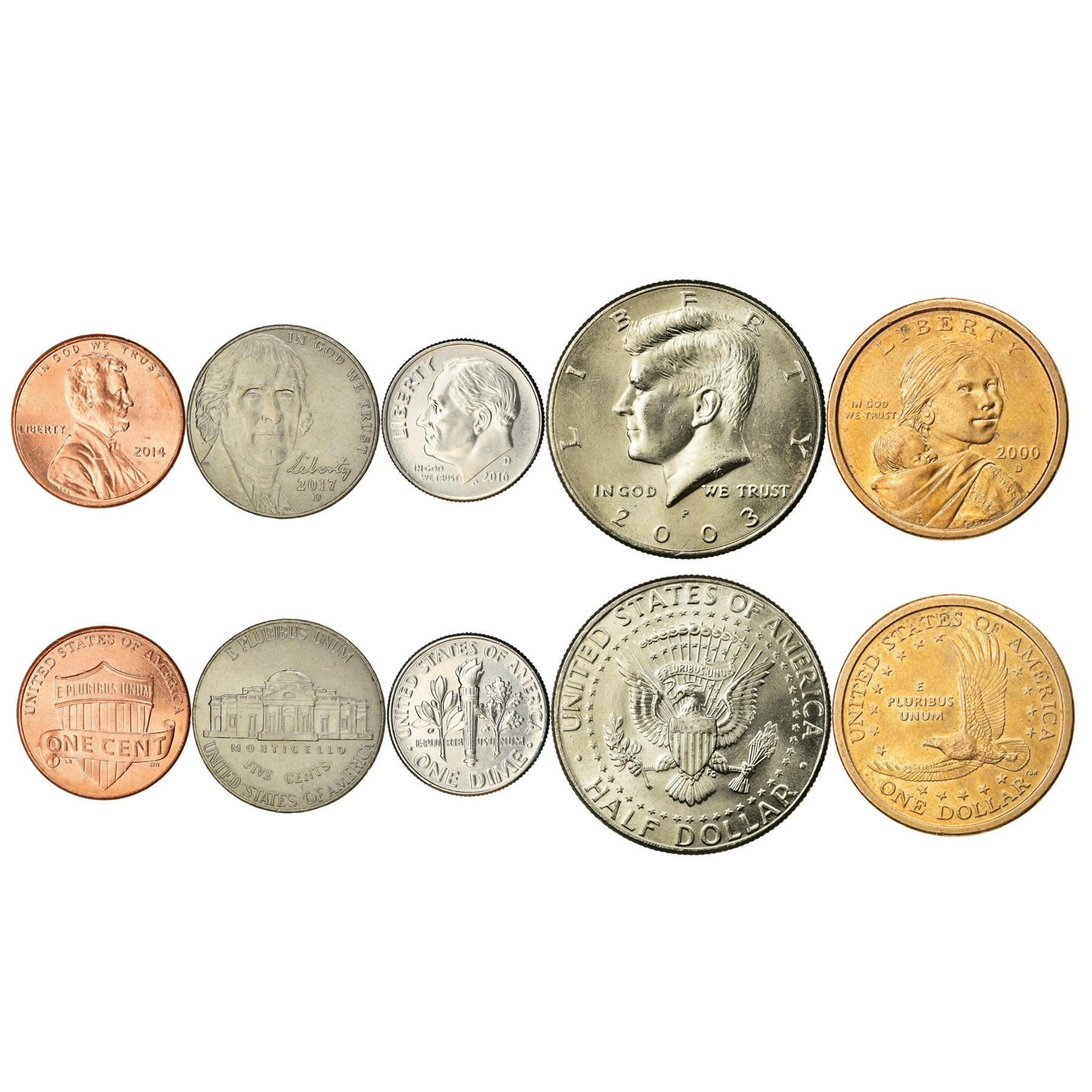 American 5 Coin Set 1 5 Cents 1 Dime ½ 1 Dollar | Abraham Lincoln | Thomas Jefferson | Franklin D. Roosevelt | John F. Kennedy | Sacagawea | Eagle | Monticello | United States | 2000 - 2022
