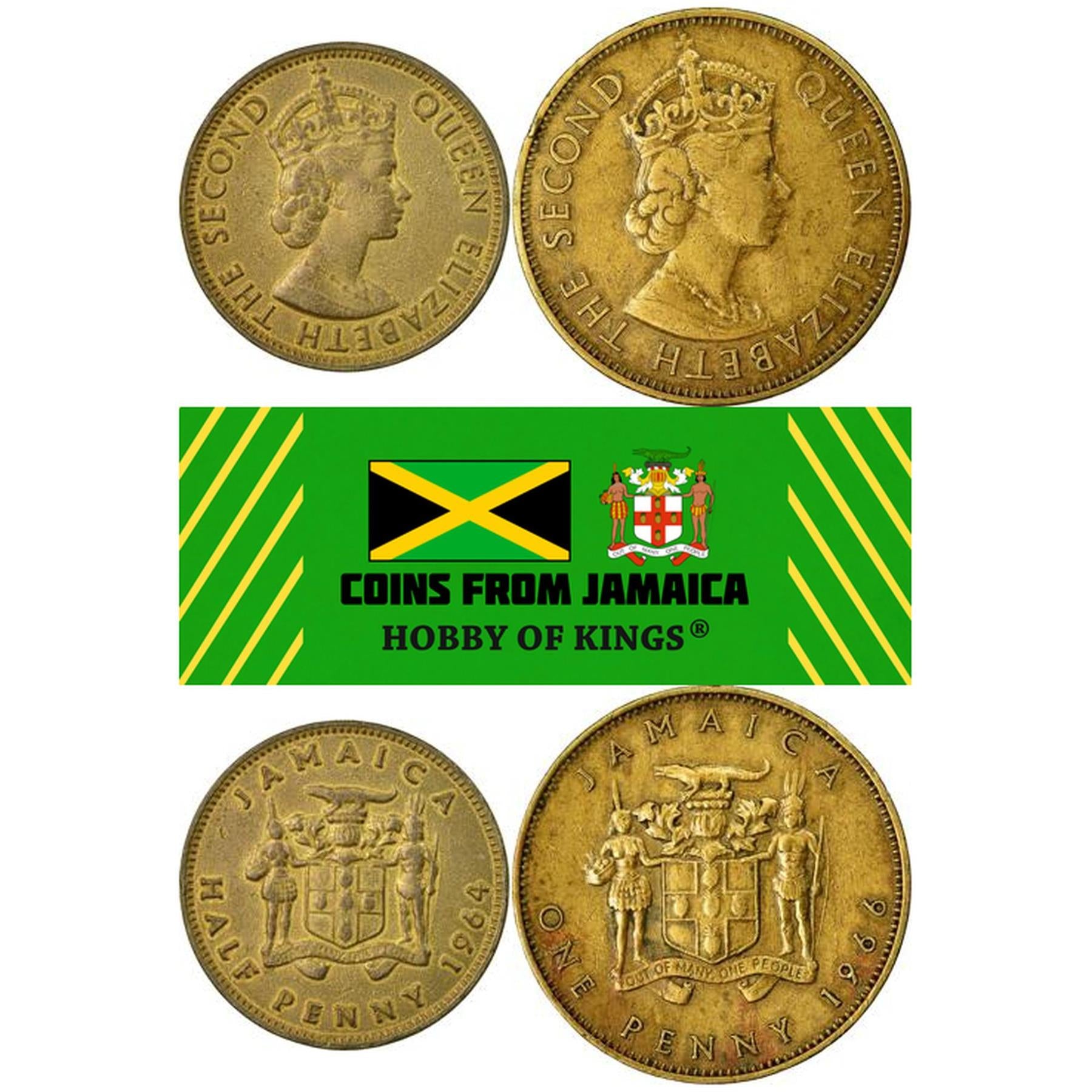 Sæt 2 Mønter Jamaica 1/2 1 Penny 1964 - 1967