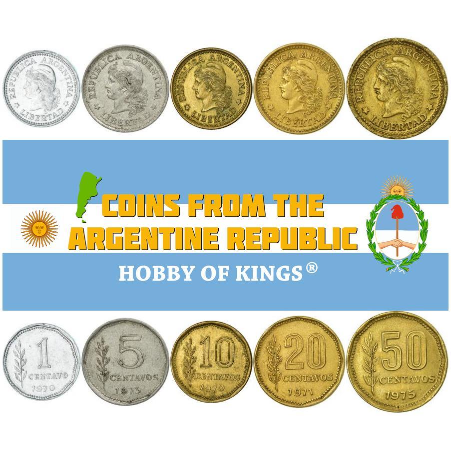 Argentine 5 Coin Set 1 5 10 20 50 Centavos | Liberty | Phrygian Cap | 1970 - 1976