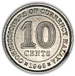 Malaya | 10 Cents Coin | George VI | KM:4a | 1943 - 1945