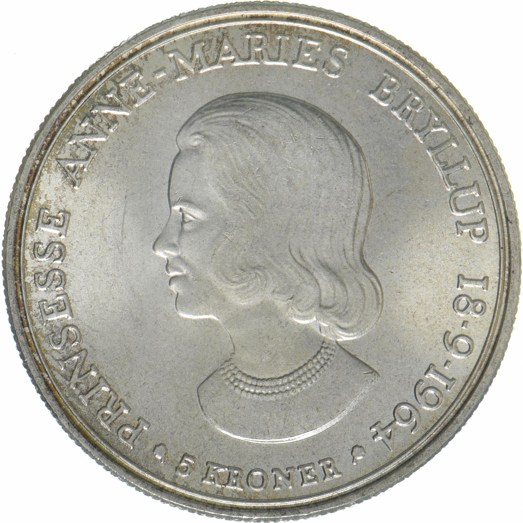 Denmark | 5 Kroner Coin | Silver | Wedding of Princess Anne Marie | KM:854 | 1964