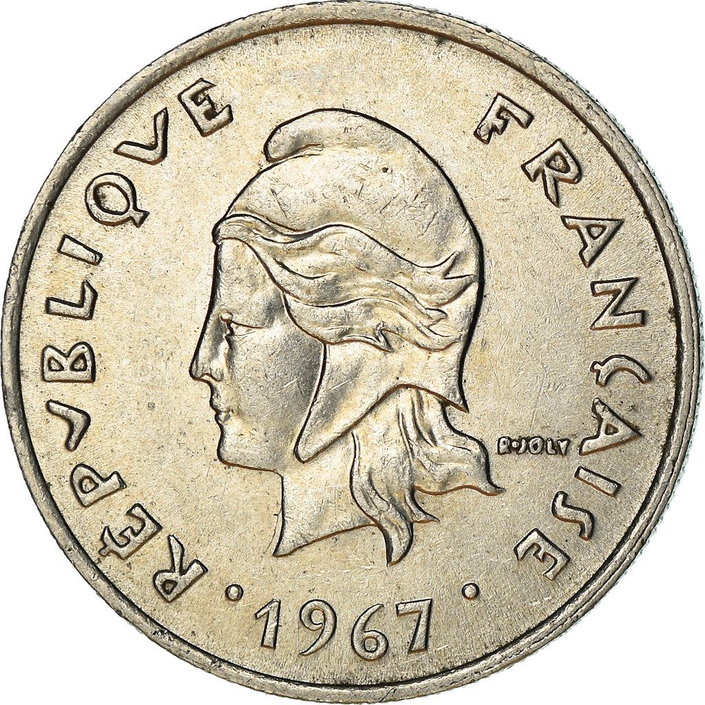 French Polynesia 10 Francs Coin | Marianne | Phrygian Cap | Tribal Mask | KM5 | 1967