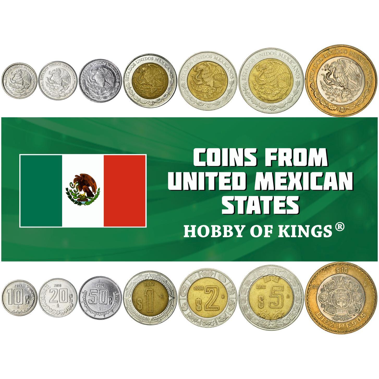 Mexico | 7 Coin Set | 10 20 50 Centavos 1 Peso 2 5 10 Pesos | 1996 - 2025