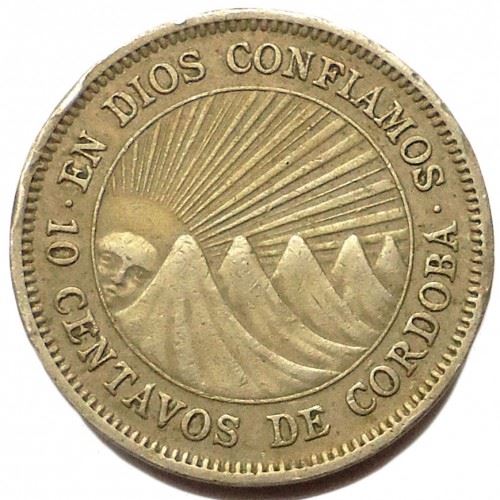 Nicaragua | 10 Centavos Coin | Explorer | Sun | Volcanos | Km:17.1 | 1939 - 1956