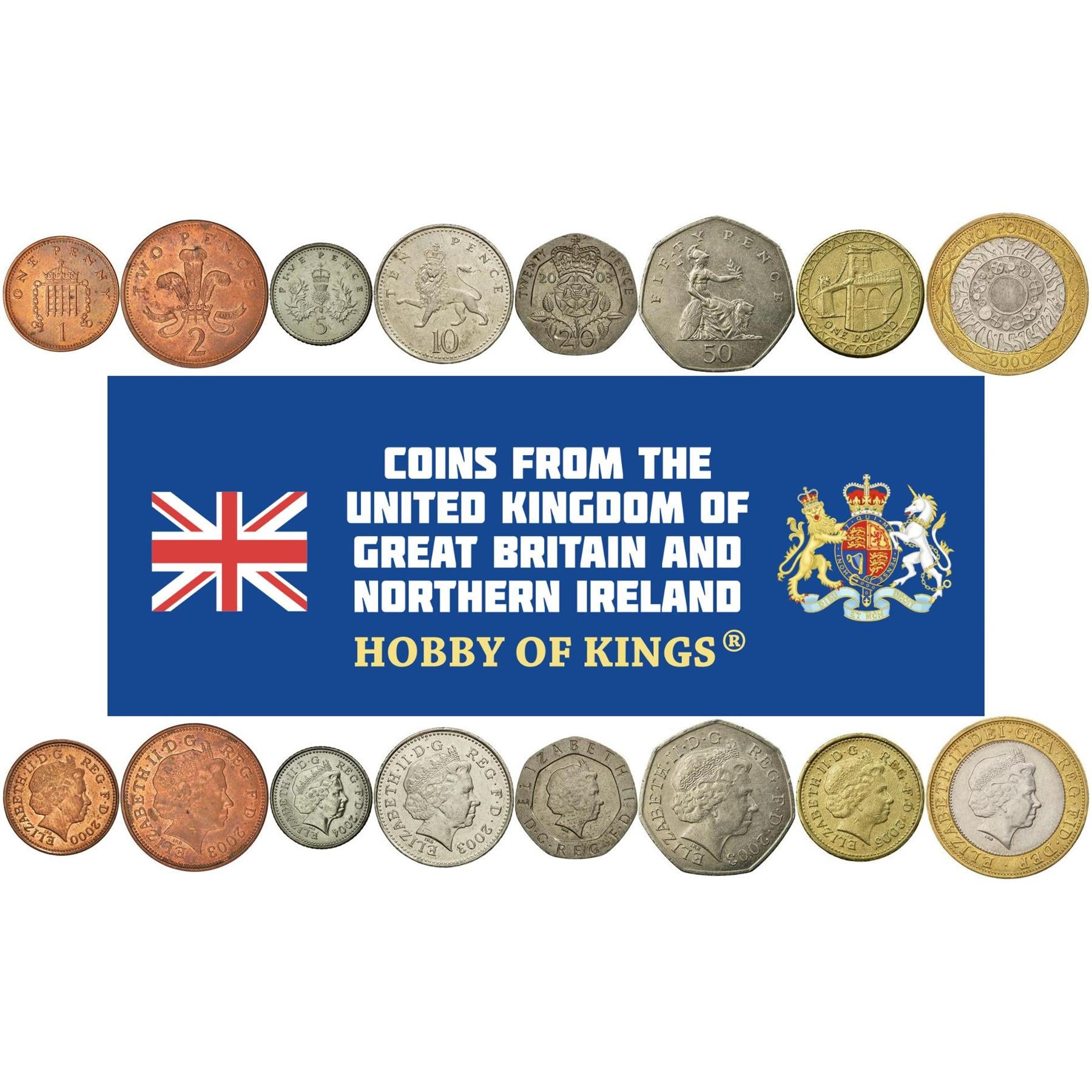 United Kingdom | 8 Coin Set | 1 Penny 2 5 10 20 50 Pence 1 Pound 2 Pounds | 1998 - 2008
