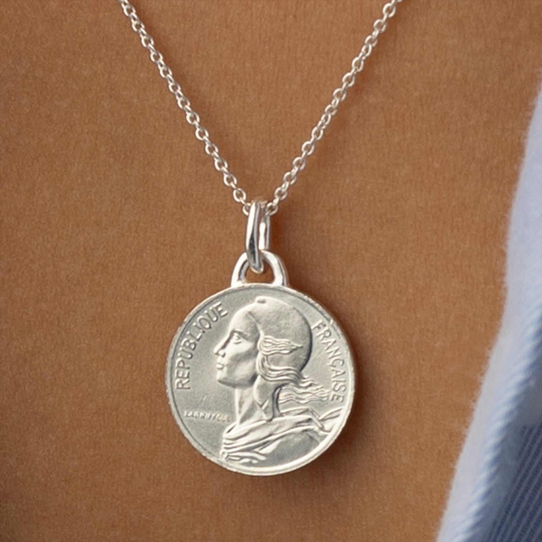 French Coin Necklace | Medallion Pendant Jewelry | Rhodium Plated 5 Centimes | 1966 - 2001