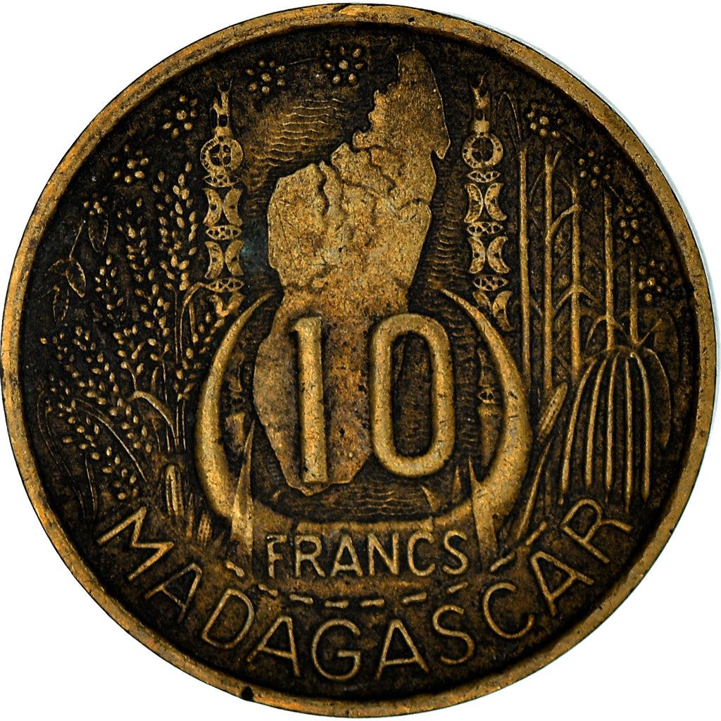 Madagaskaras | 10 frankų moneta | Marijana | Krovinių laivas | Žemėlapis | Ragai | Km:6 | 1953