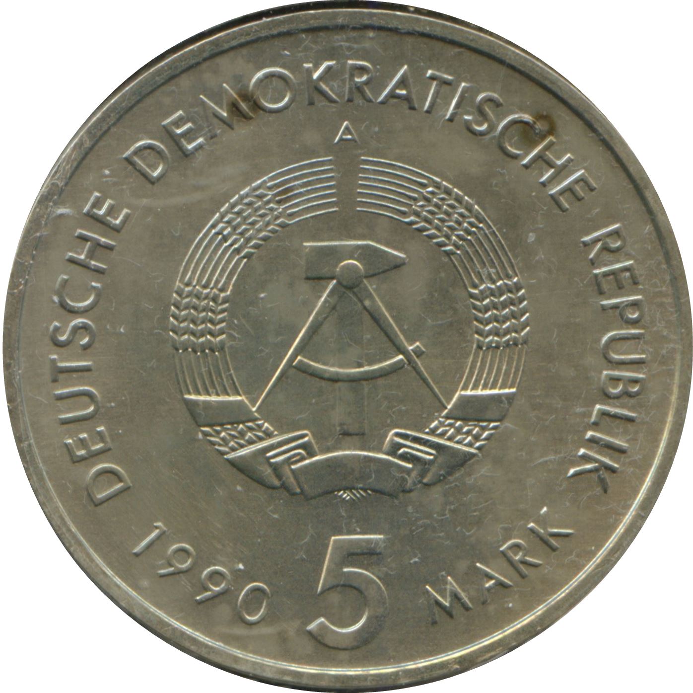 German Democratic Republic 5 Mark Coin | Horse | Carriage | Hunting Horn | Mail Services Emblem | KM134 | 1990
