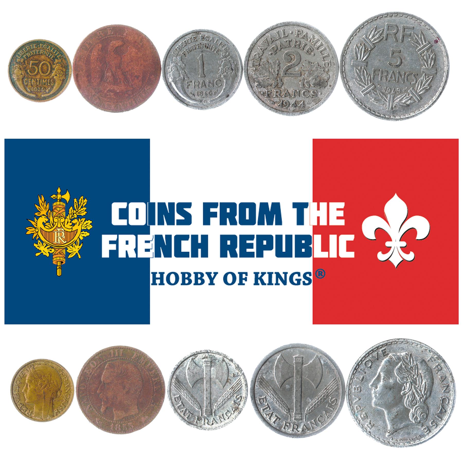 5 Old Coins From France 1852-1950 Napoleon Iii 3Rd And 4Th Republic Vichy France