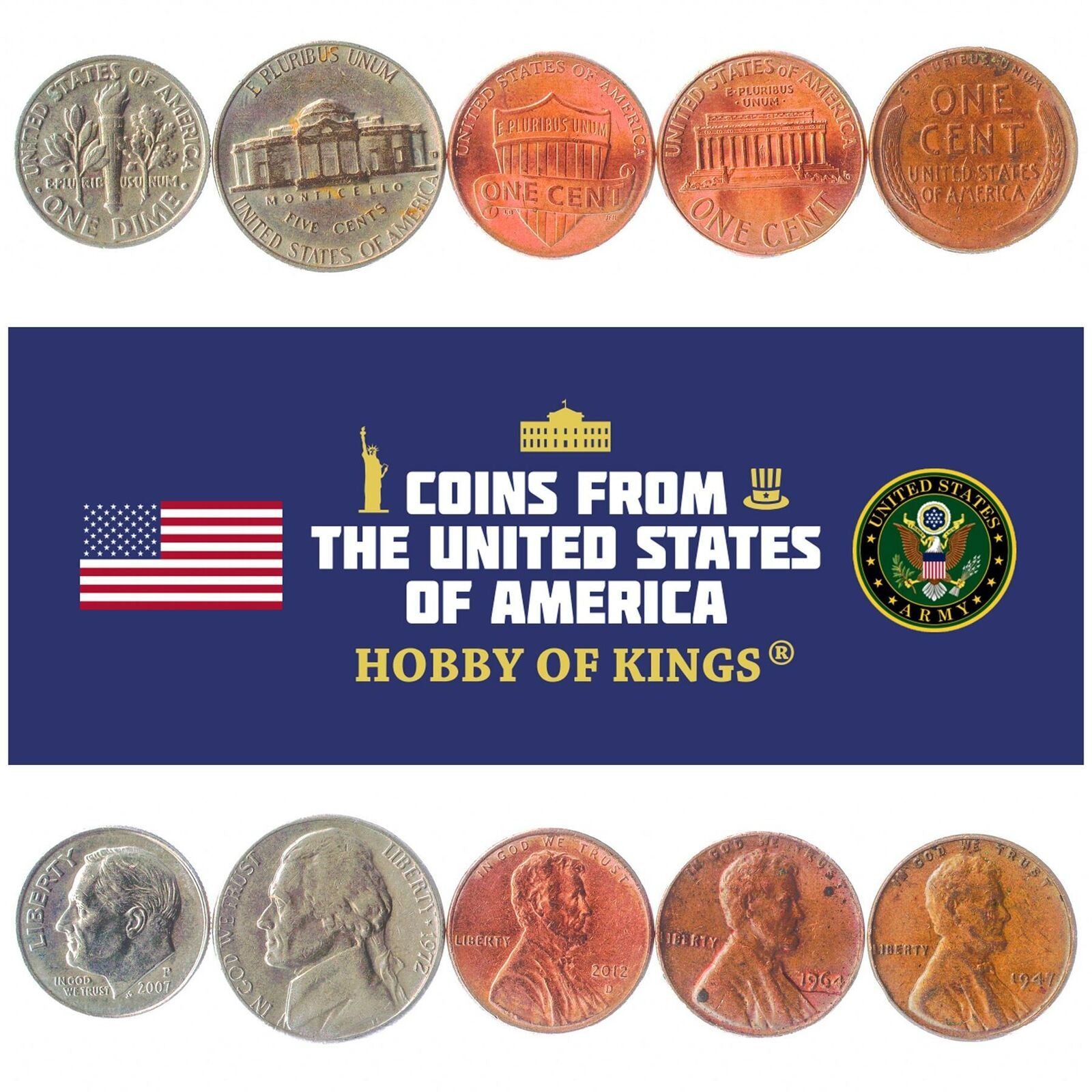 5 forskellige mønter fra USA Forenede Stater Lincoln Jefferson Roosevelt 1944-nu