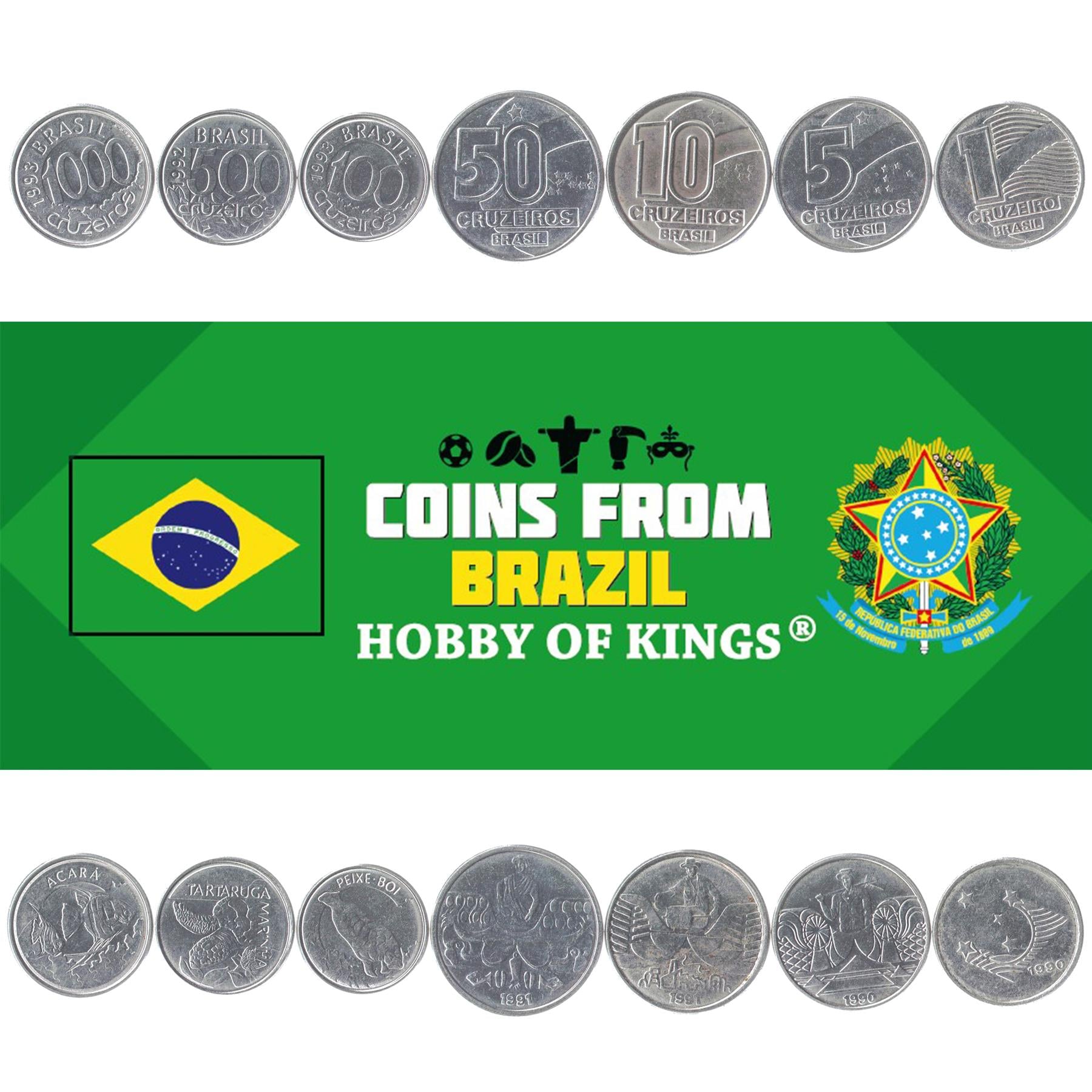 Brazil | 7 Coin Set | 1 Cruzeiro 5 10 50 100 500 1000 Cruzeiros | 1990 - 1993