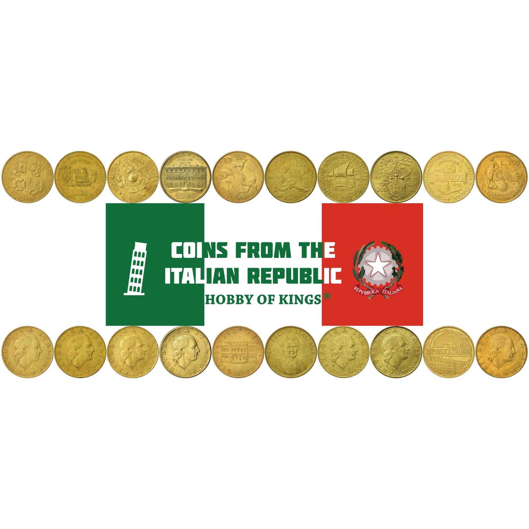 Italy | 10 Coin Set | 200 Lire | 1980 - 1999