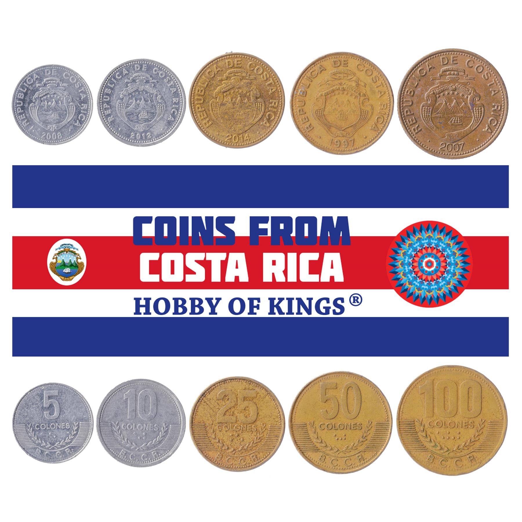5 Mixed Coins From Costa Rica | 5 Colon - 100 Colones | 1995 - 2017