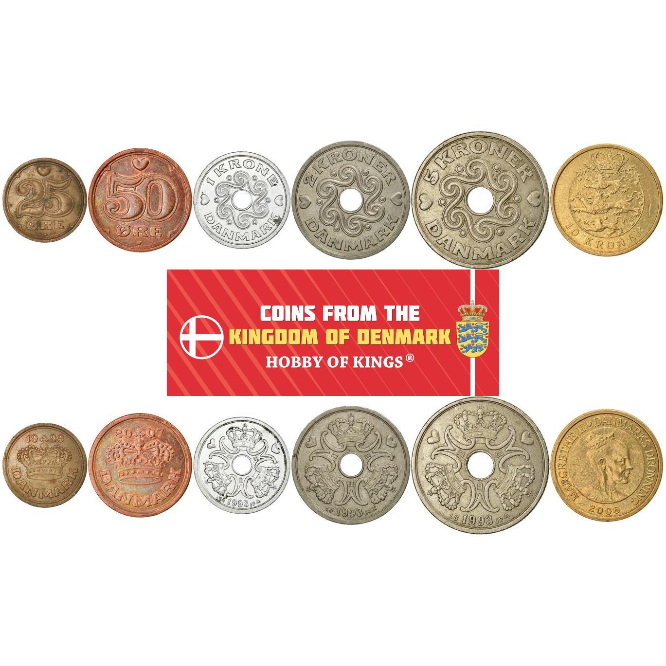 Denmark | 6 Coin Set | 25 50 Ore 1 Krone 2 5 10 Kroner | 1989 - 2021