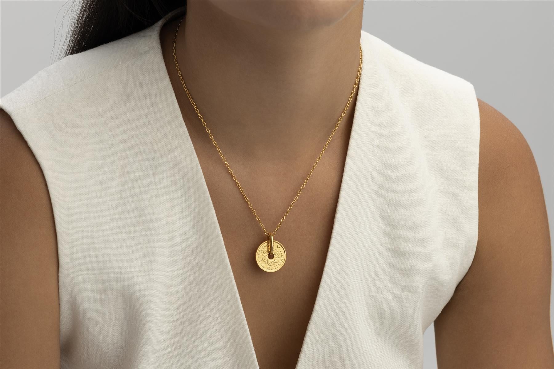 Danish Coin Necklace | Medallion Pendant Jewelry | 18K Gold Plated 1 Krone | Denmark | 1992 - 2023
