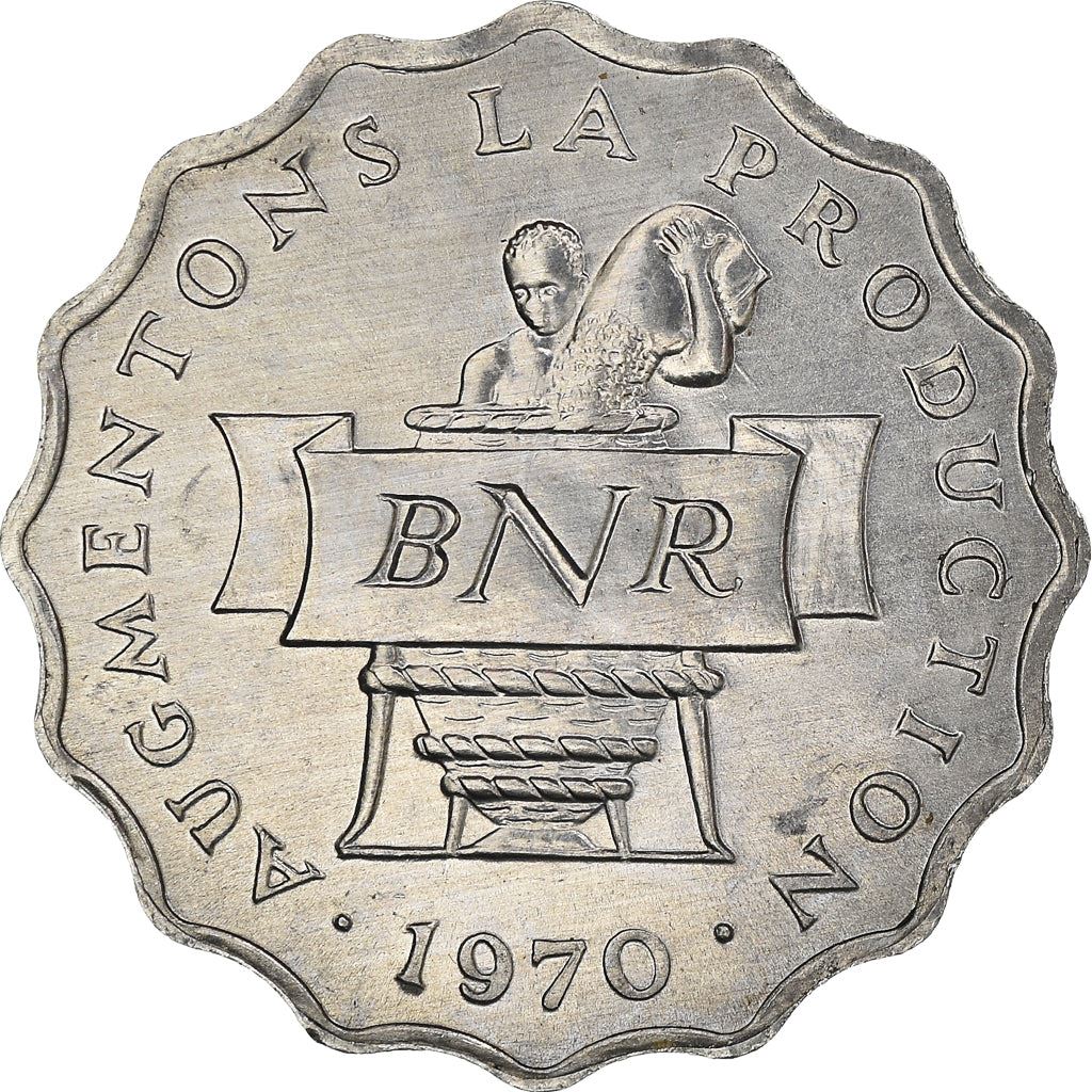 Rwanda | 2 Francs Coin | Farmer | Granary | F.A.O. | FAO | Km:10 | 1970