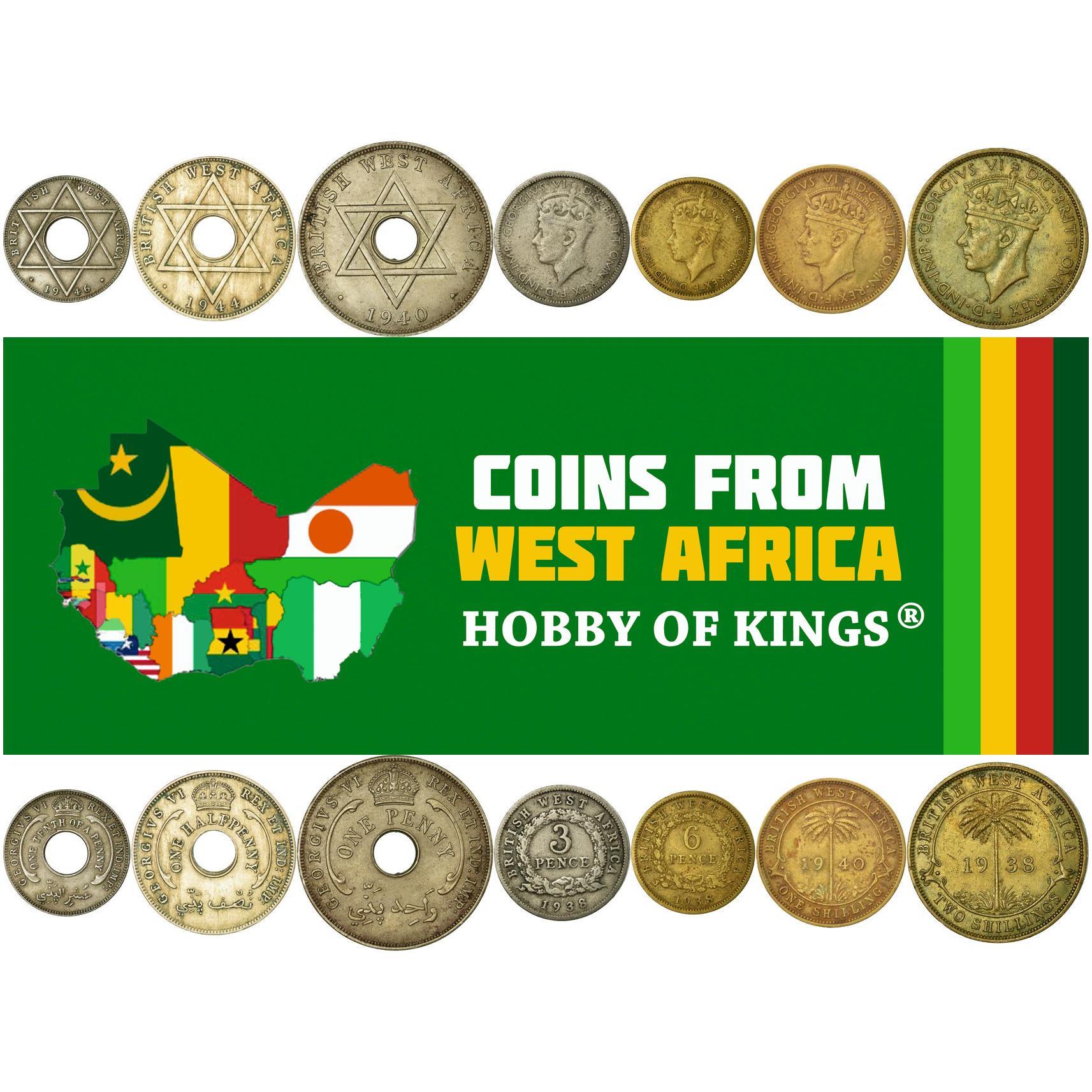 British West Africa | 7 Coin Set | 1/10 1/2 1 Penny 3 6 Pence 1 Shilling 2 Shillings | 1937 - 1947