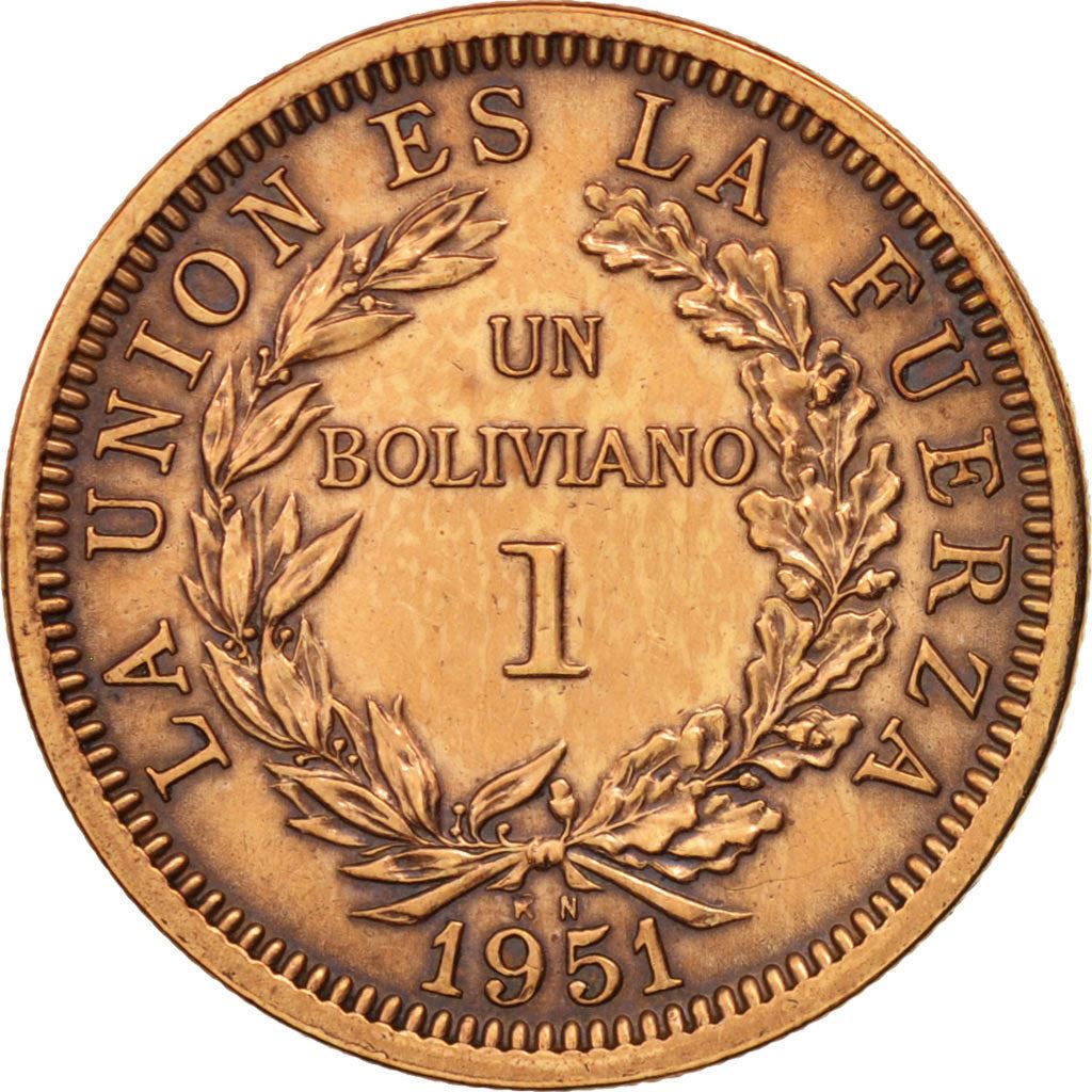 Bolivia | 1 boliviano-mønt | Bronze | Våbenskjold | KM:184 | 1951