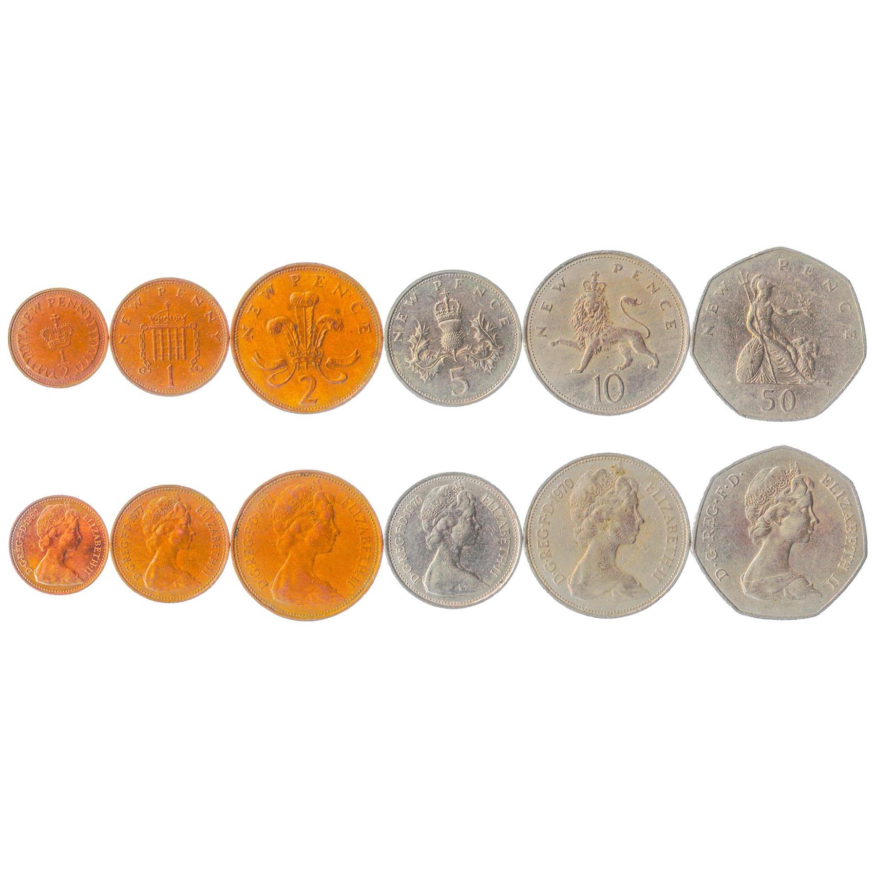 United Kingdom | 6 Coin Set | 1/2 New 1 New Penny 2 New 5 New 10 New 50 New Pence | 1968 - 1981