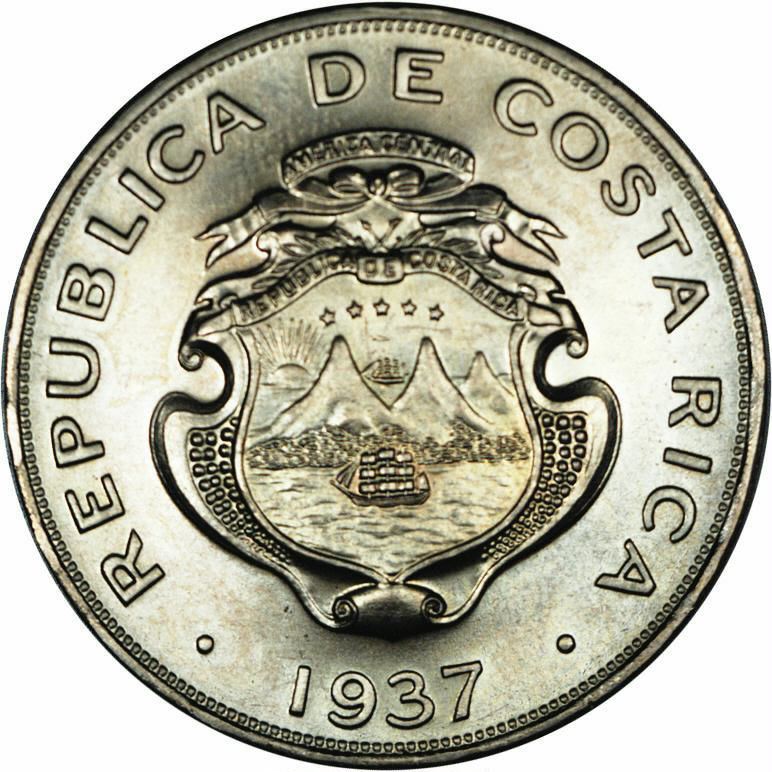 Costa Rica 1 Colon | Stars | Volcno | Ship | Sun | KM177 | 1937 - 1948