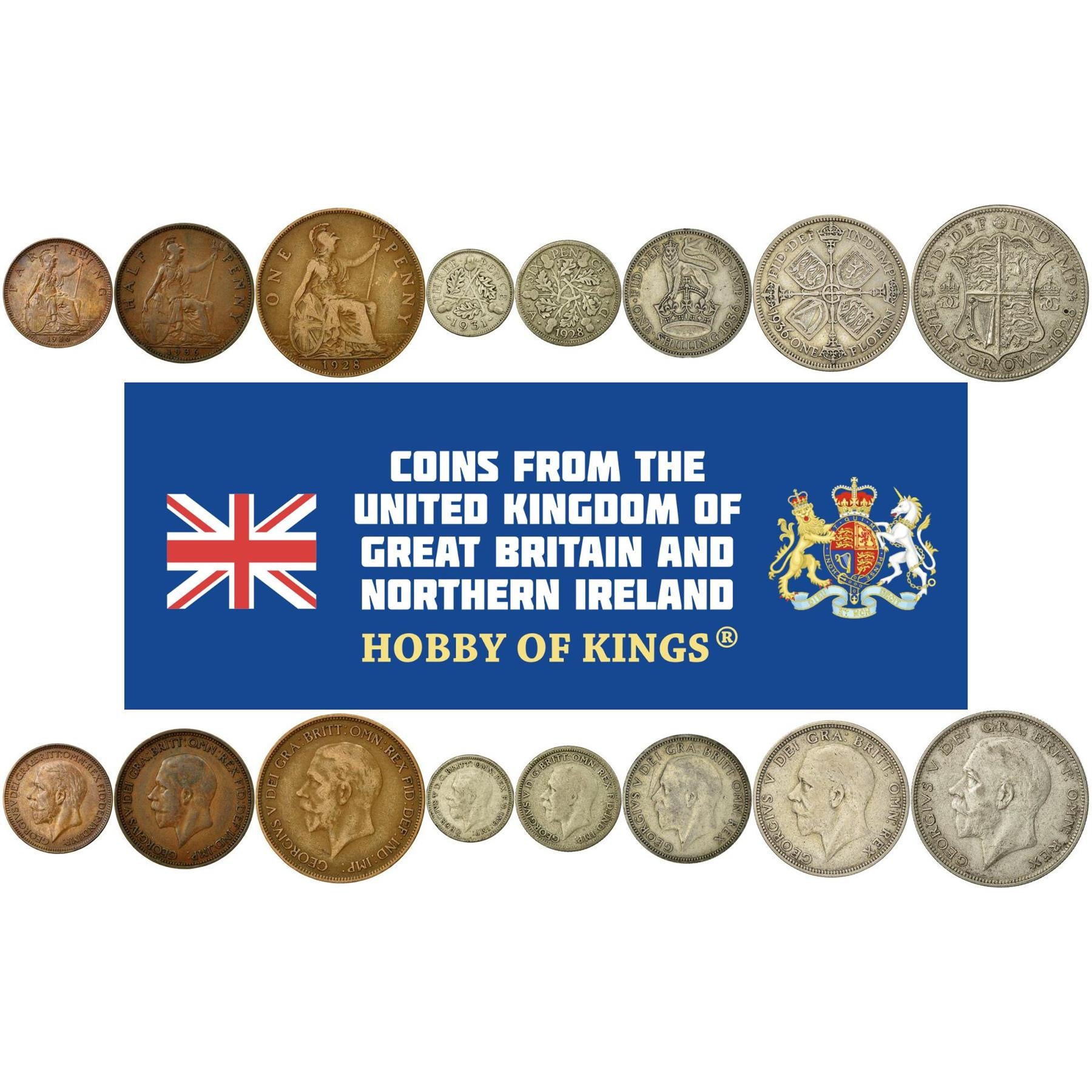 United Kingdom | 8 Coin Set | 1 Farthing 1/2 1 Penny 3 6 Pence 1 Shilling 1 Florin 1/2 Crown | 1926 - 1936