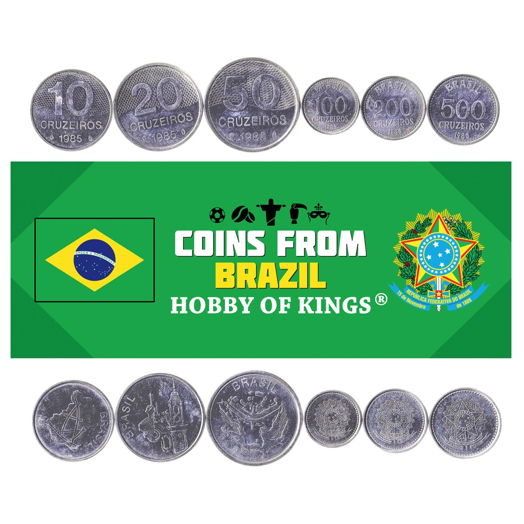 Brazil | 6 Coin Set | 10 20 50 100 200 500 Cruzeiros | 1985 - 1986