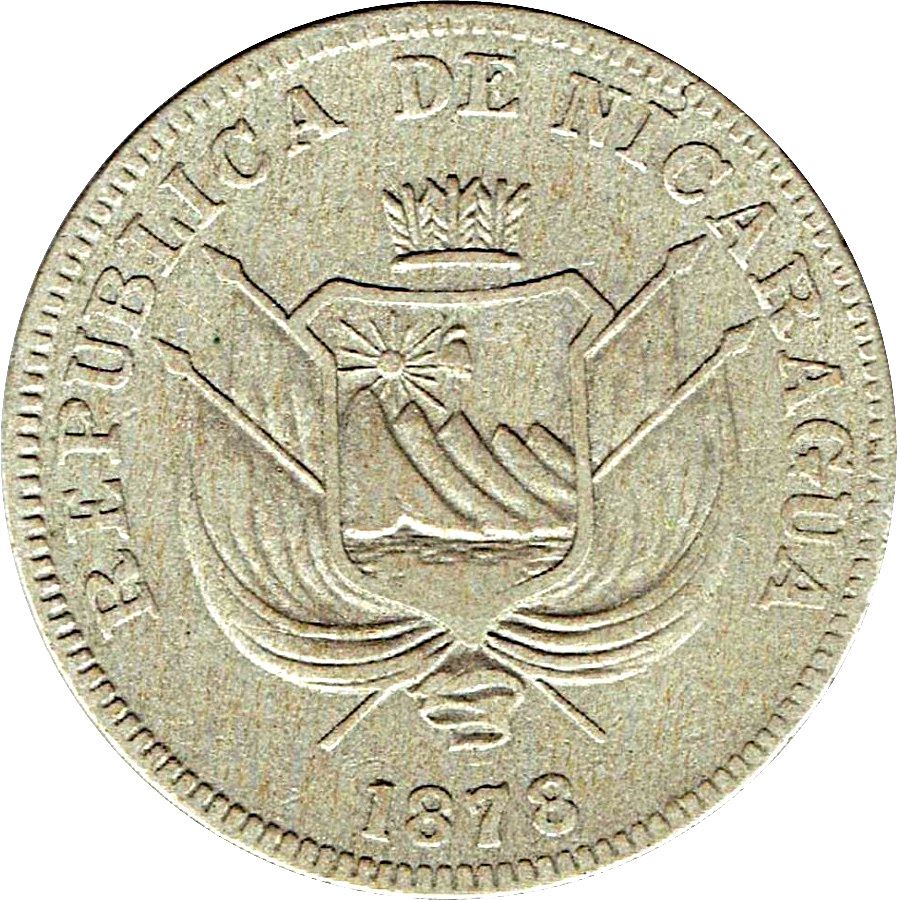 Nicaragua | 1 Centavo Coin | Banner Spears | Shield | Volcanos | Sun | Km:1 | 1878