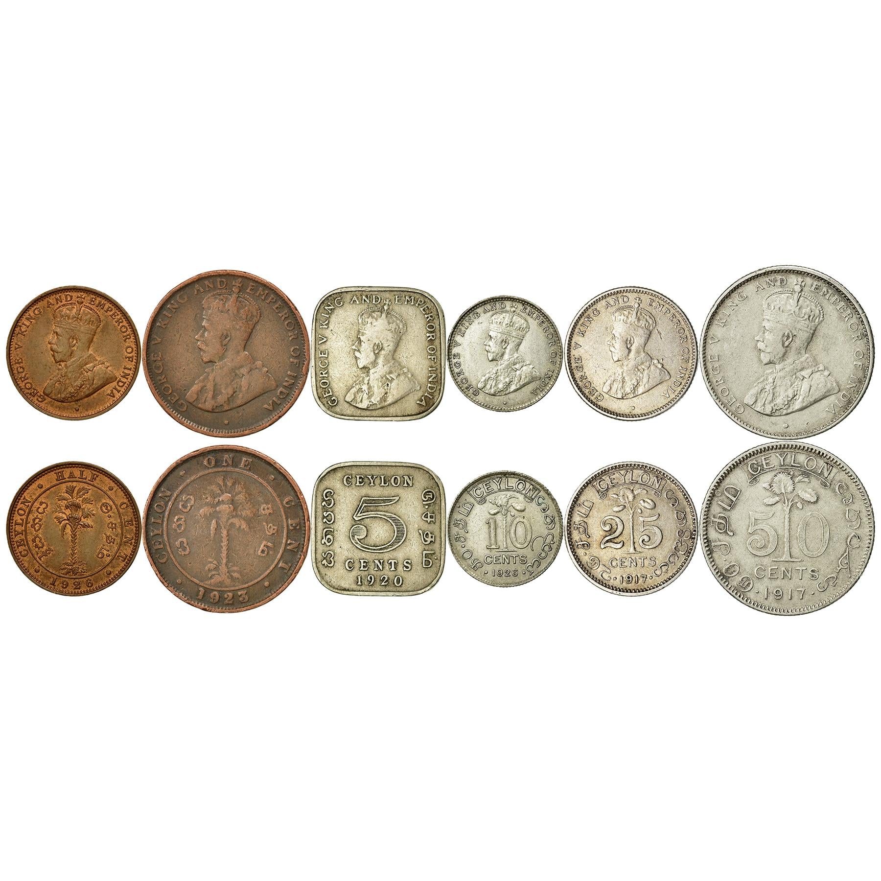 Sri Lankan 6 Coin Set 1/2 1 5 10 25 50 Cents | George V | Palm Trees | Ceylon | 1919 - 1929