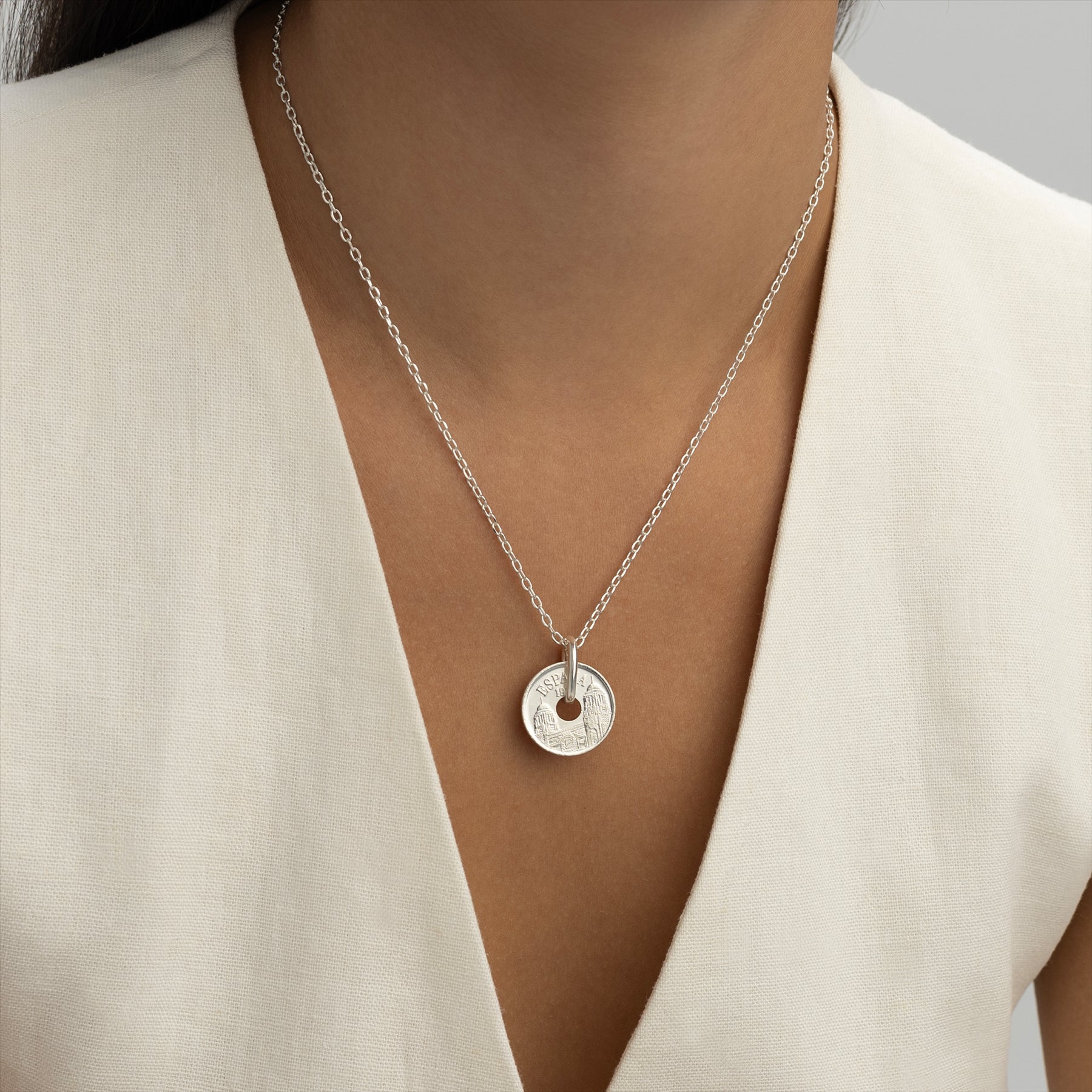 Spanish Coin Necklace | Medallion Pendant Jewelry | Rhodium Plated 25 Pesetas | Melilla | 1997