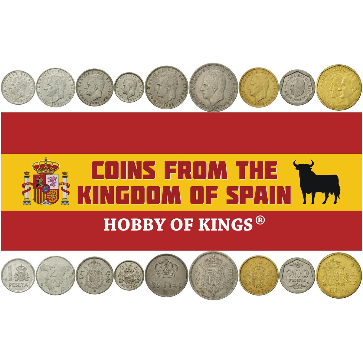 Spain | 9 Coin Set | 1 Peseta 2 5 10 25 50 100 200 500 Pesetas | 1982 - 1990