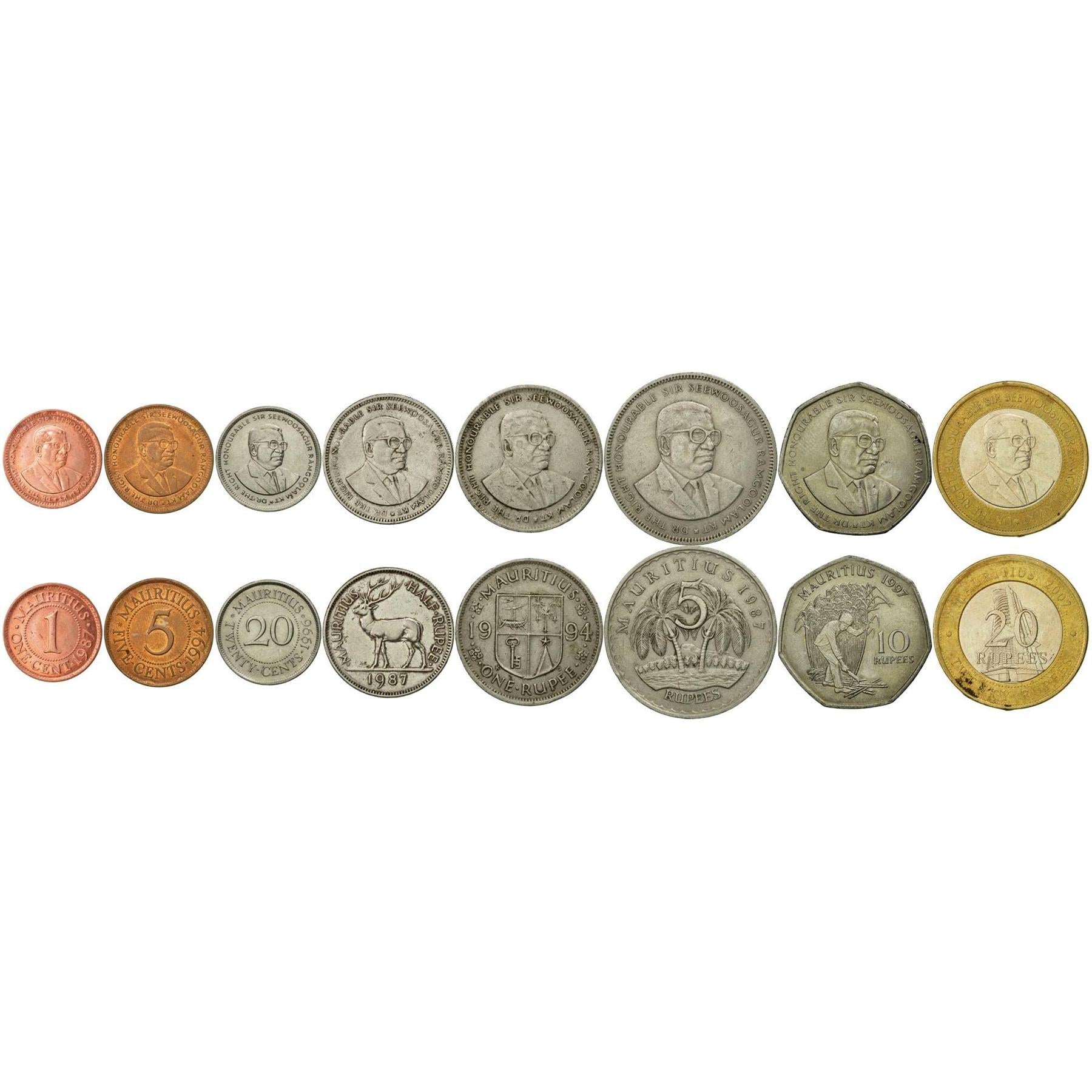 Mauritius | 8 Coin Set | 1 Cent 5 20 Cents 1/2 1 Rupee 5 10 20 Rupees | 1987 - 2010