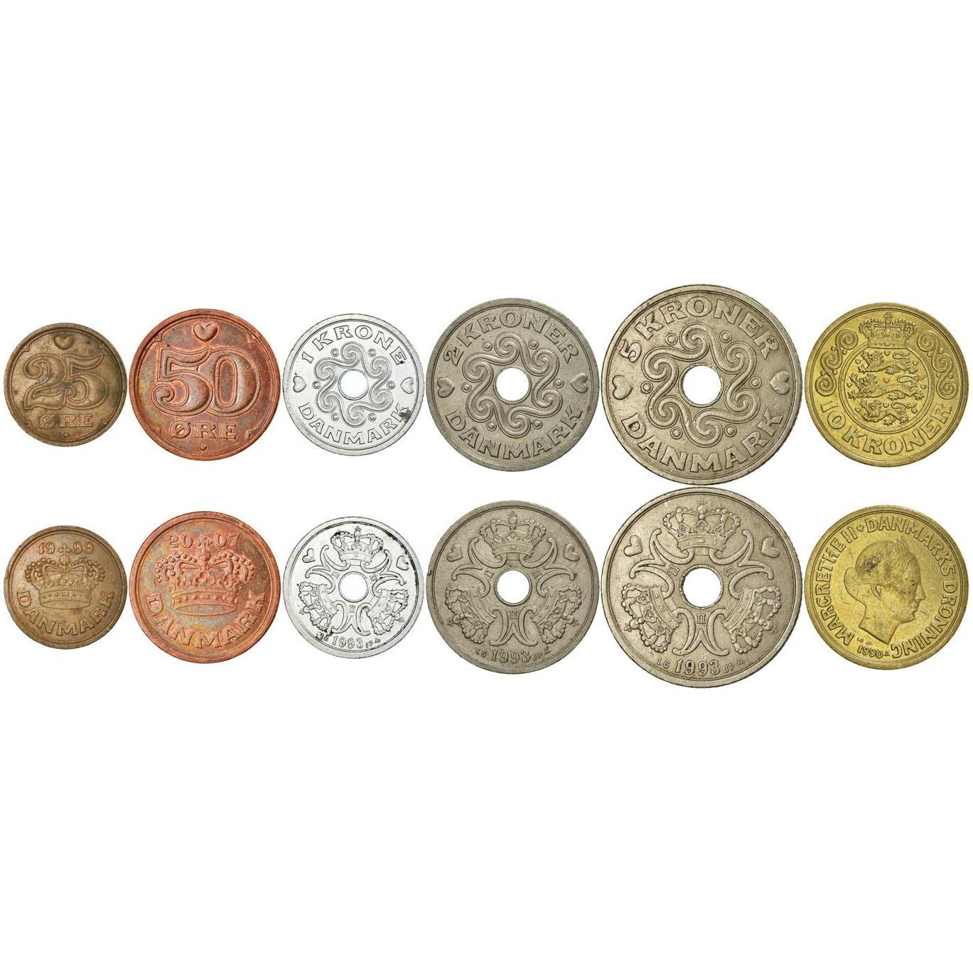 Denmark | 6 Coin Set | 25 50 Ore 1 Krone 2 5 10 Kroner | 1989 - 2021