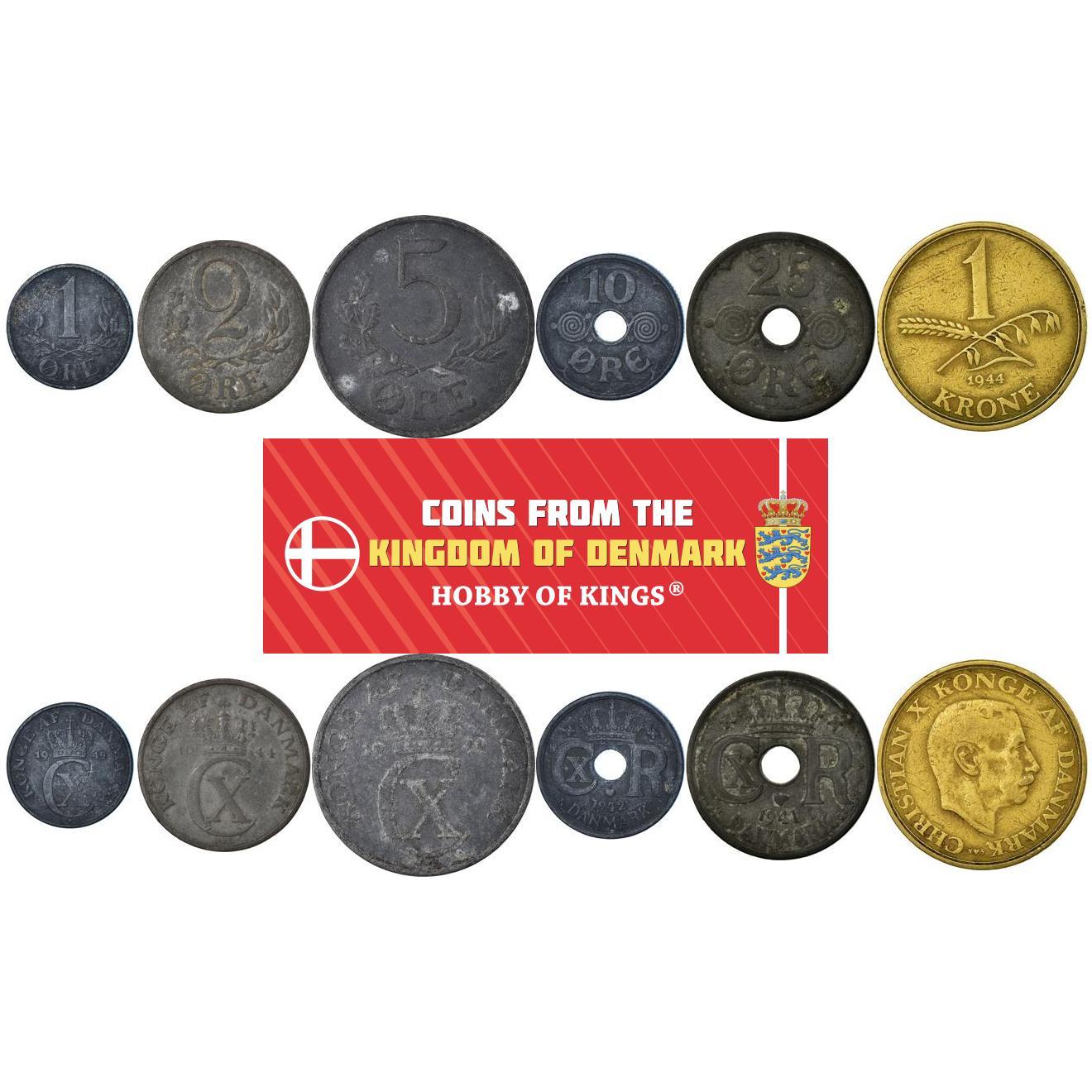 Denmark | 6 Coin Set | 1 2 5 10 25 Ore 1 Krone | 1941 - 1947