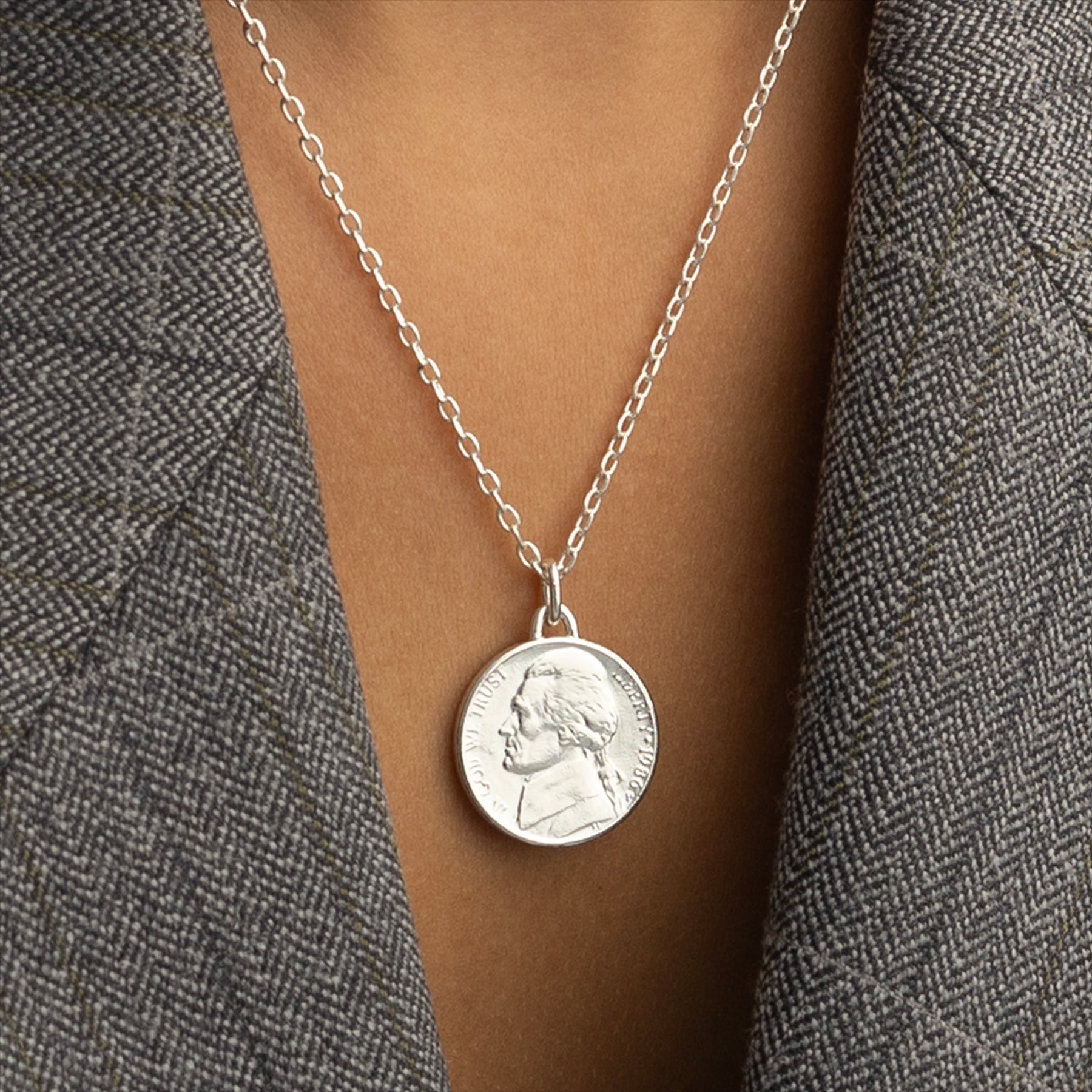 US Coin Necklace | Medallion Pendant Jewelry | Rhodium Plated United States of America 5 Cents | T. Jefferson | 2002