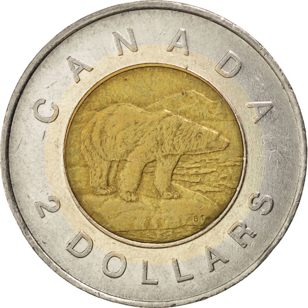 Canada | 2 Dollars Coin | Aluminium bronze center in nickel ring | 3rd portrait; Maple leaf logo | KM:270 | 1996-2003