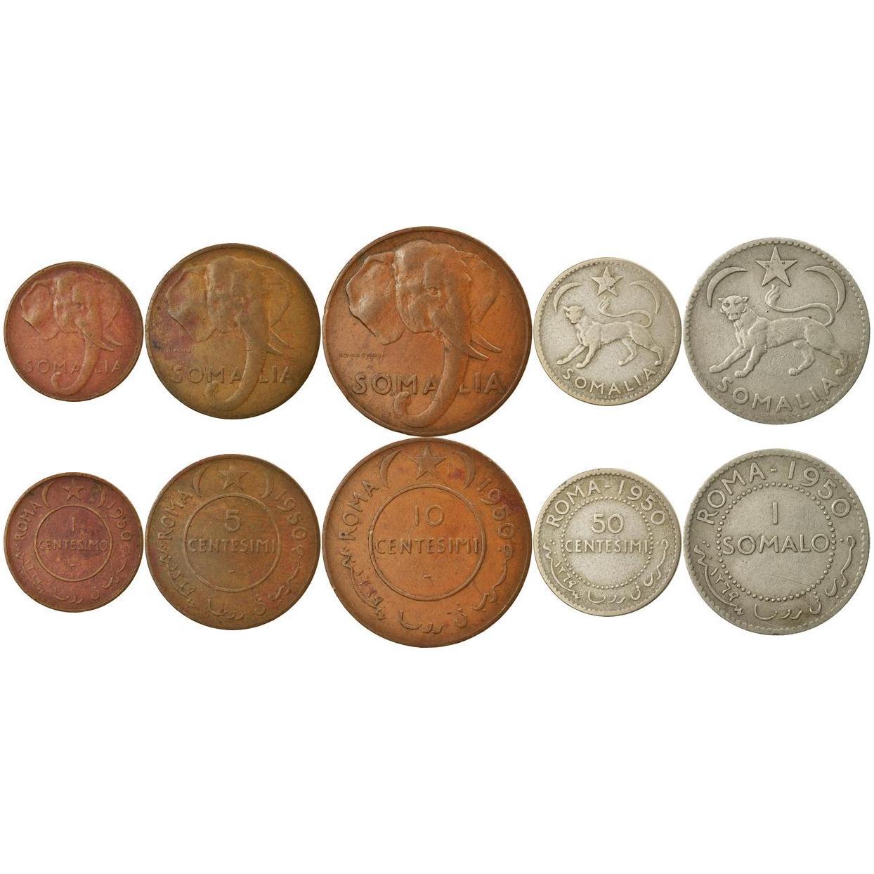 Somalia | 5 Coin Set | 1 5 10 50 Centesimo 1 Somalo | 1950