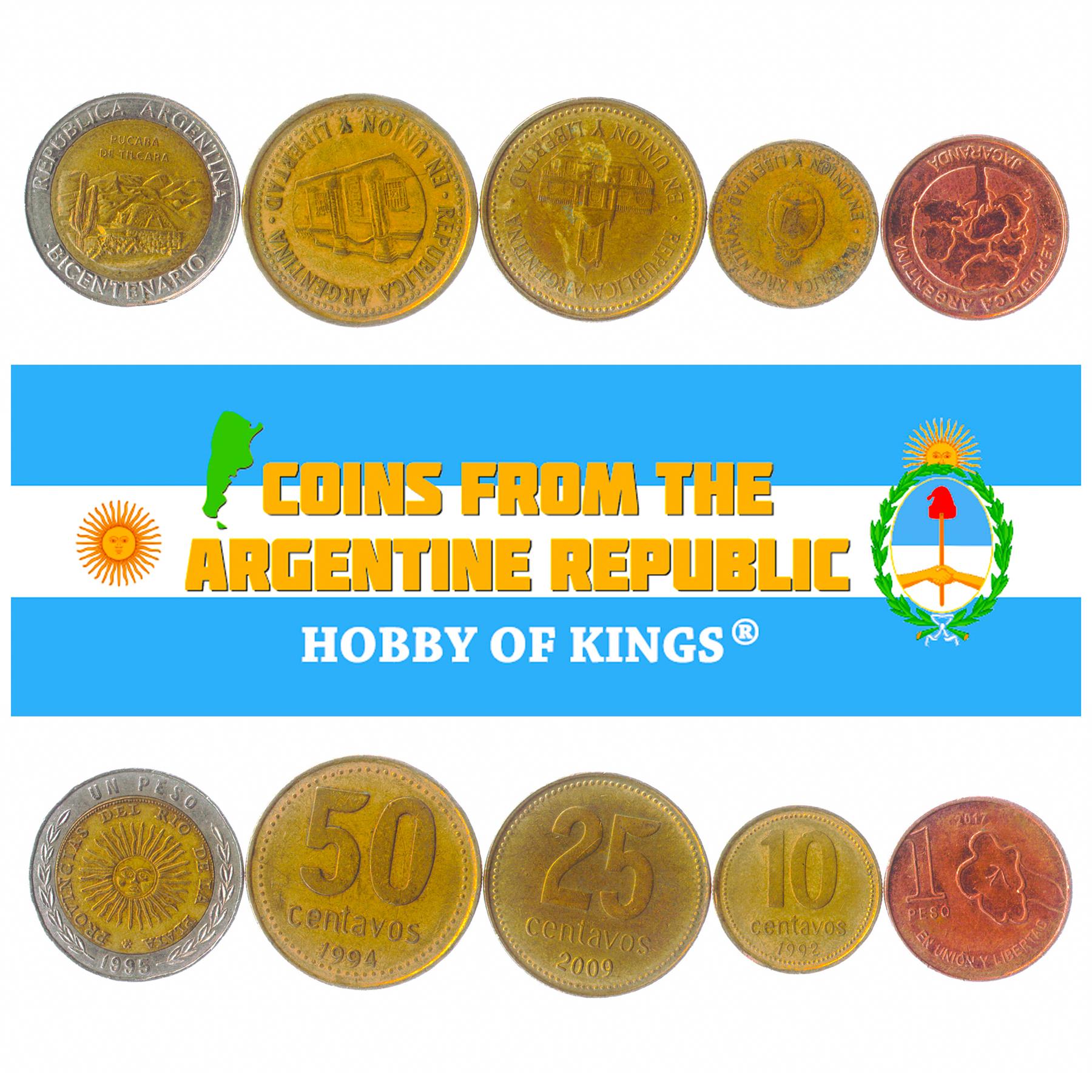 5 Argentinian Coins Centavos Pesos Mixed Currency From Argentina 1954-2021