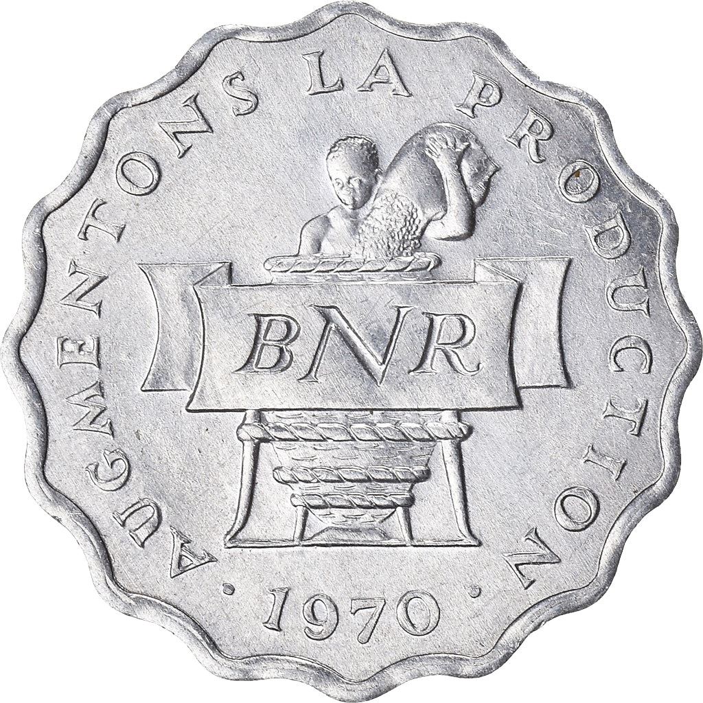 Rwanda | 2 Francs Coin | Farmer | Granary | F.A.O. | FAO | Km:10 | 1970