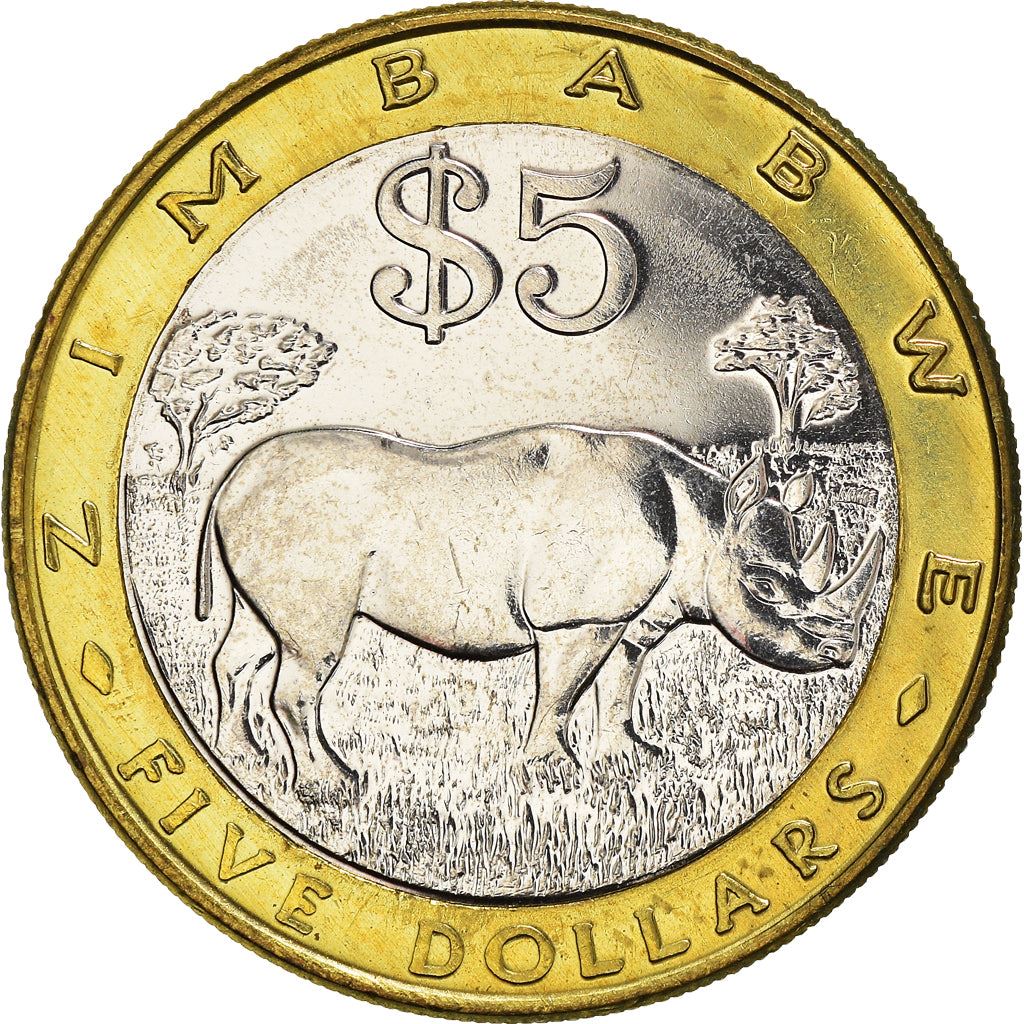 Zimbabwe Coin 5 Dollars Coin | Bateleur Eagle | Black Rhino | KM13 | 2001 - 2003
