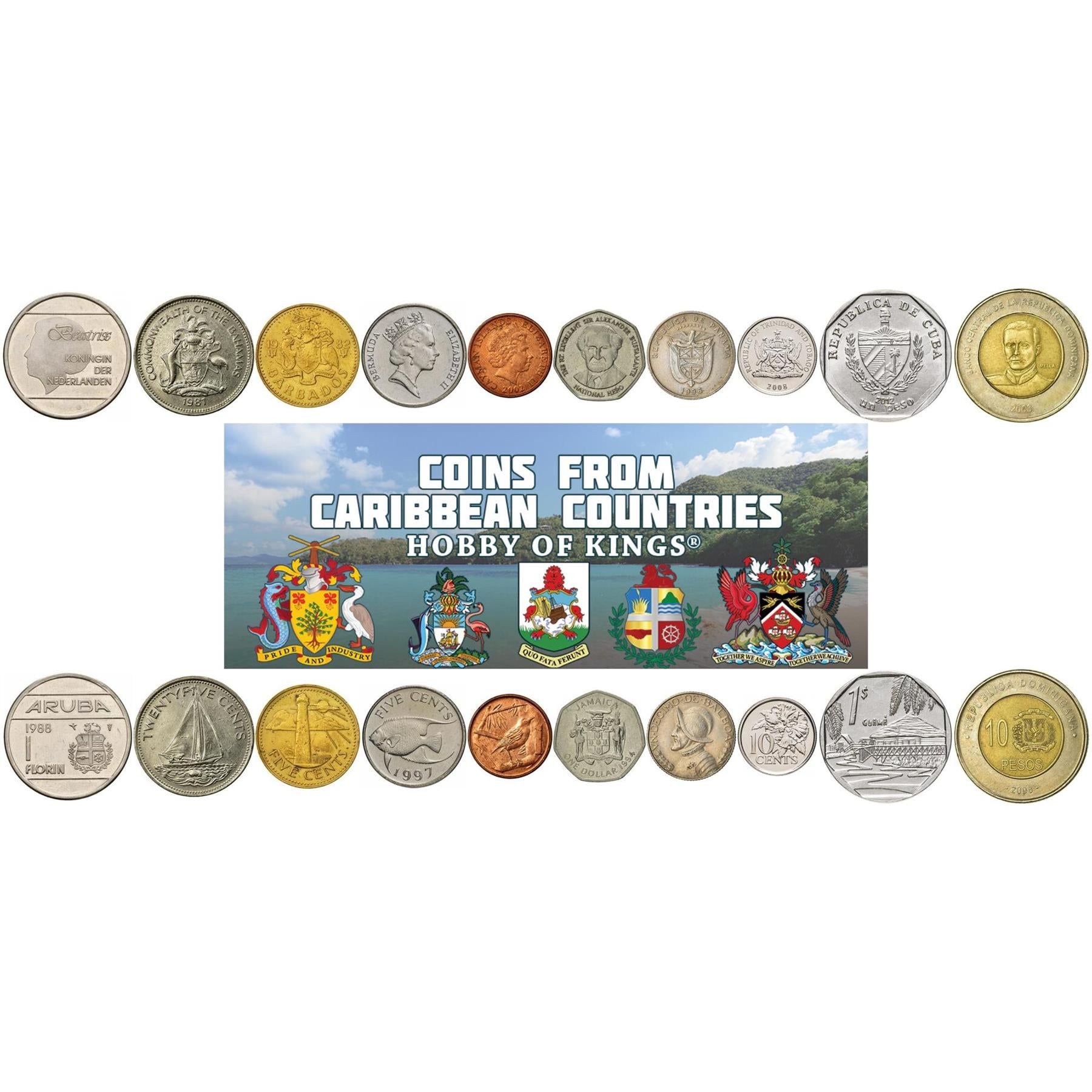 10 Island Coins – 10 Caribbean Countries – Real Circulated Currency with Wildlife & Cultural Designs