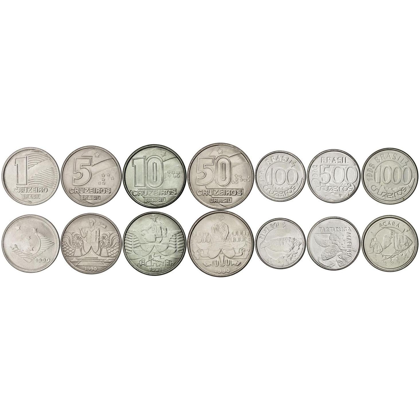Brazil | 7 Coin Set | 1 Cruzeiro 5 10 50 100 500 1000 Cruzeiros | 1990 - 1993