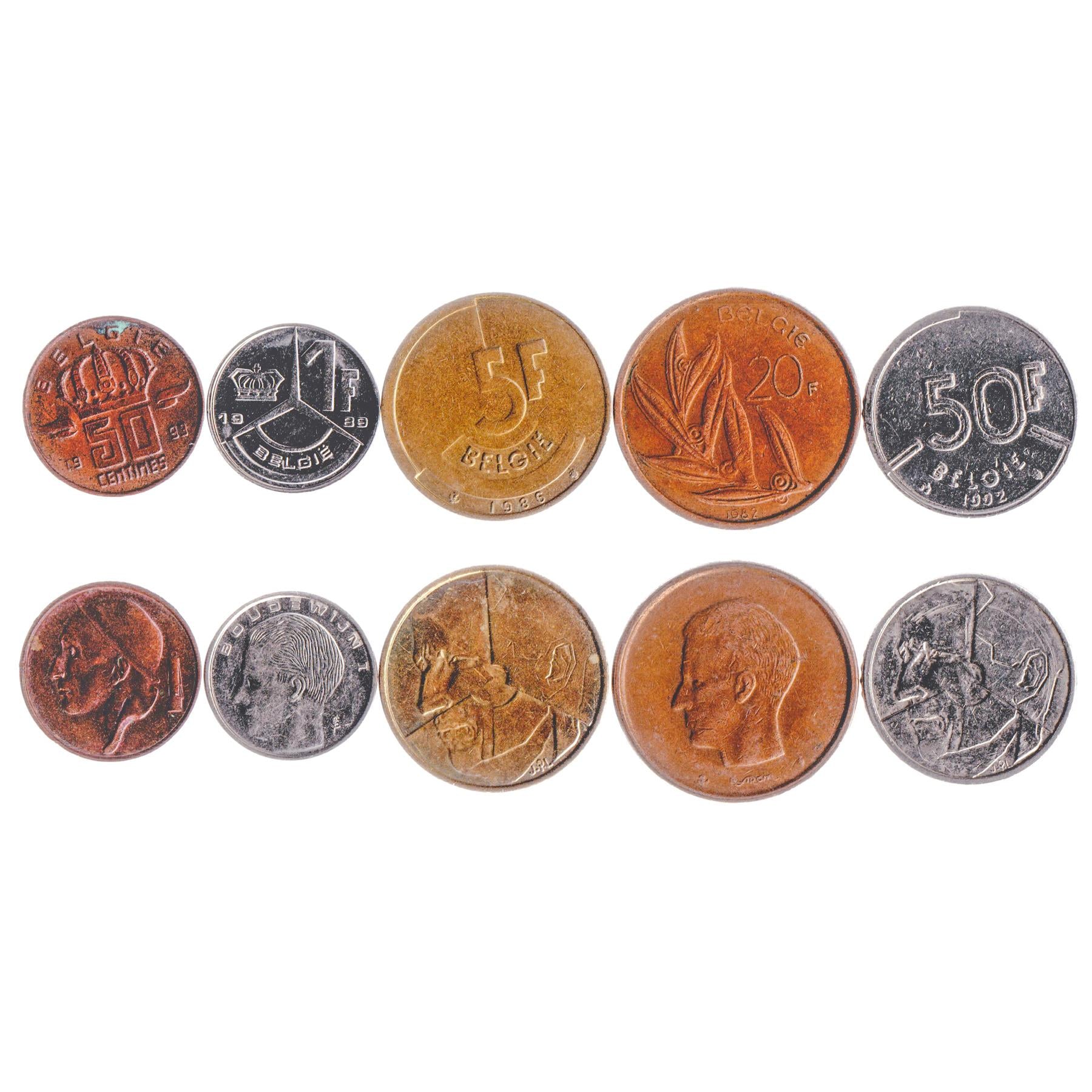 Belgian 5 Coin Set 50 Centimes 1 5 20 50 Francs | Olive branch | Lion | Star | Constitution | Ivy | Oak twig | 1980 - 1993
